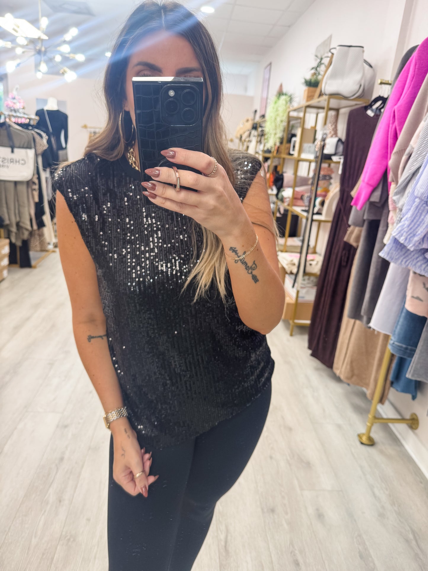 Power Shoulder Sequin Top
