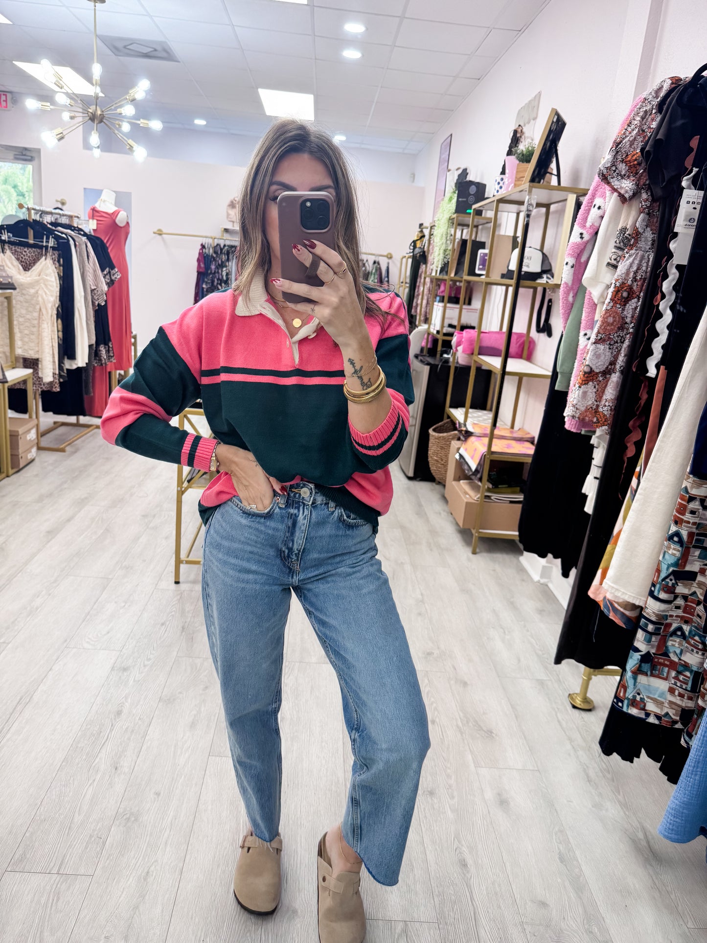 Contrasting Striped Polo Sweater