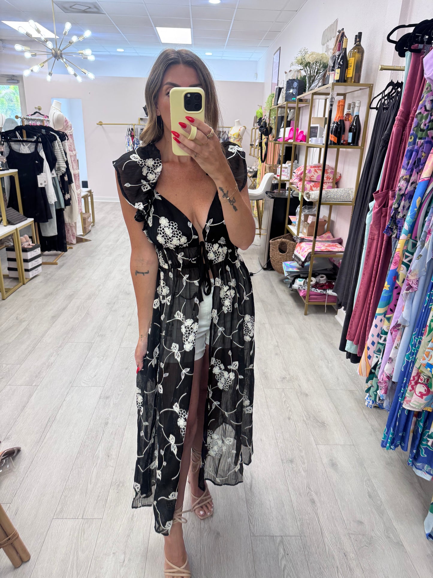 Black Embroidered Chiffon Duster Top
