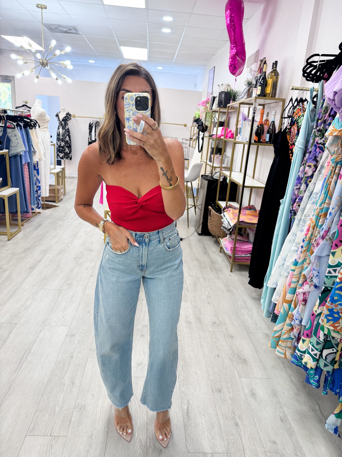 Red Ribbed Twist Knot Top