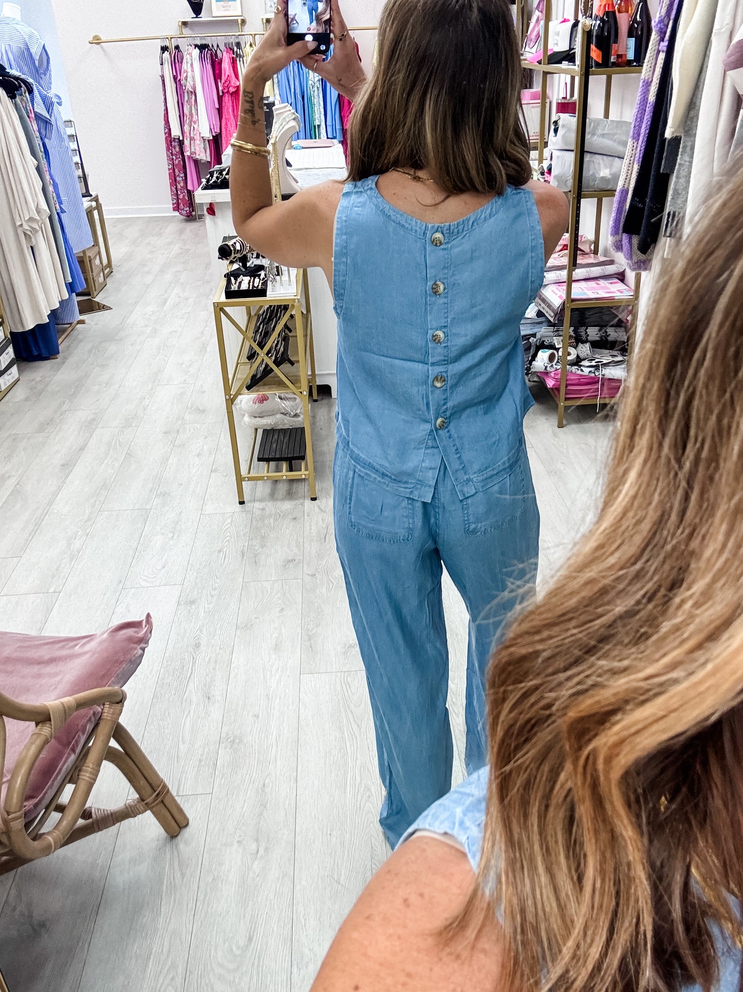 Chambray Button Back Sleeveless Top