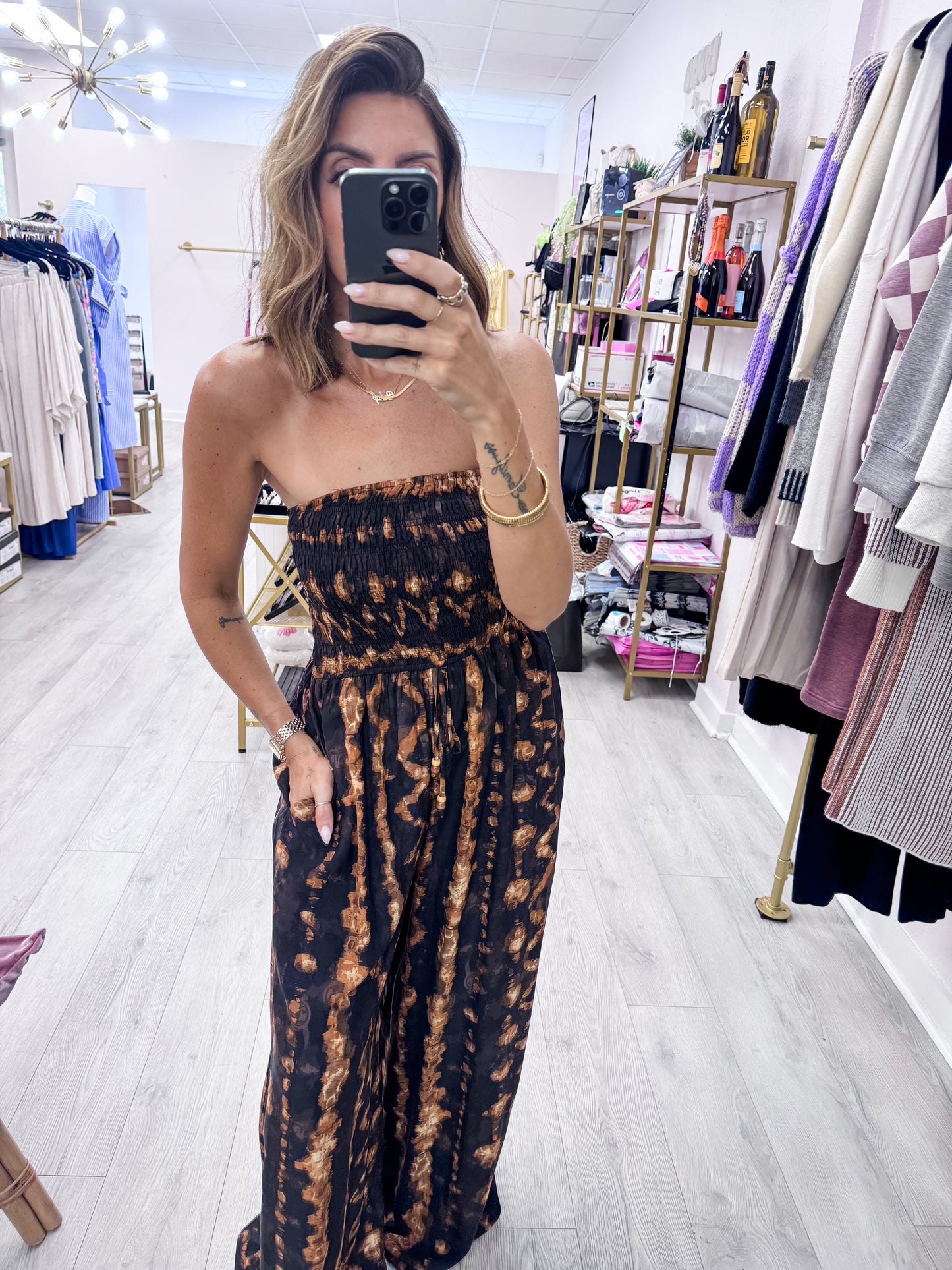 Java Tie Dye Print Smocked Top Wide Leg Jumpsuit