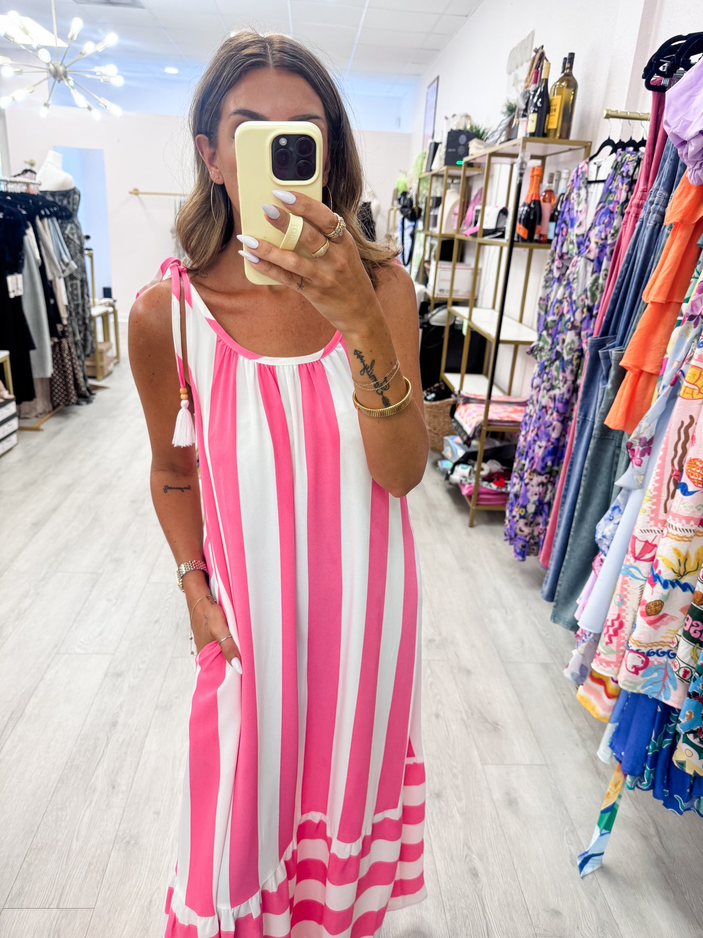 Pink Vertical Stripe Midi Dress
