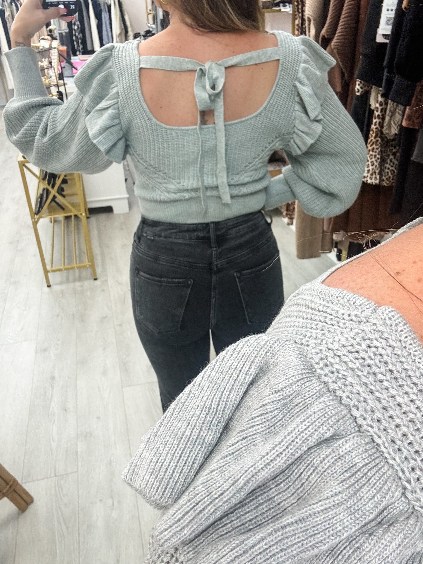 Ruffle Shoulder Knit Tie Back Sweater