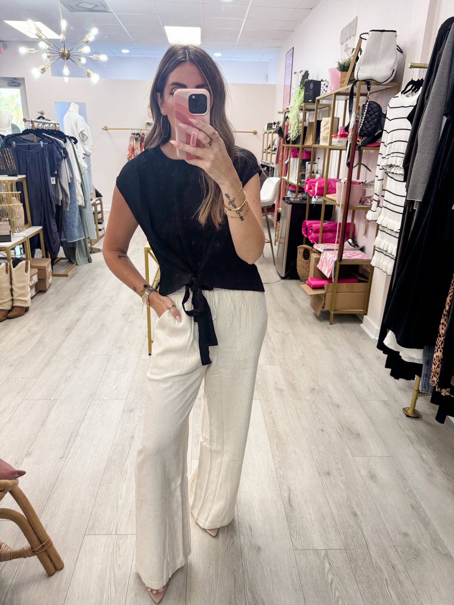 Oatmeal Soft Linen Smocked Waist Pants