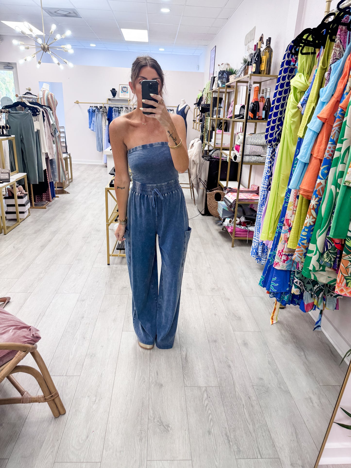 Navy Mineral Wash Strapless Wide-Leg Jumpsuit