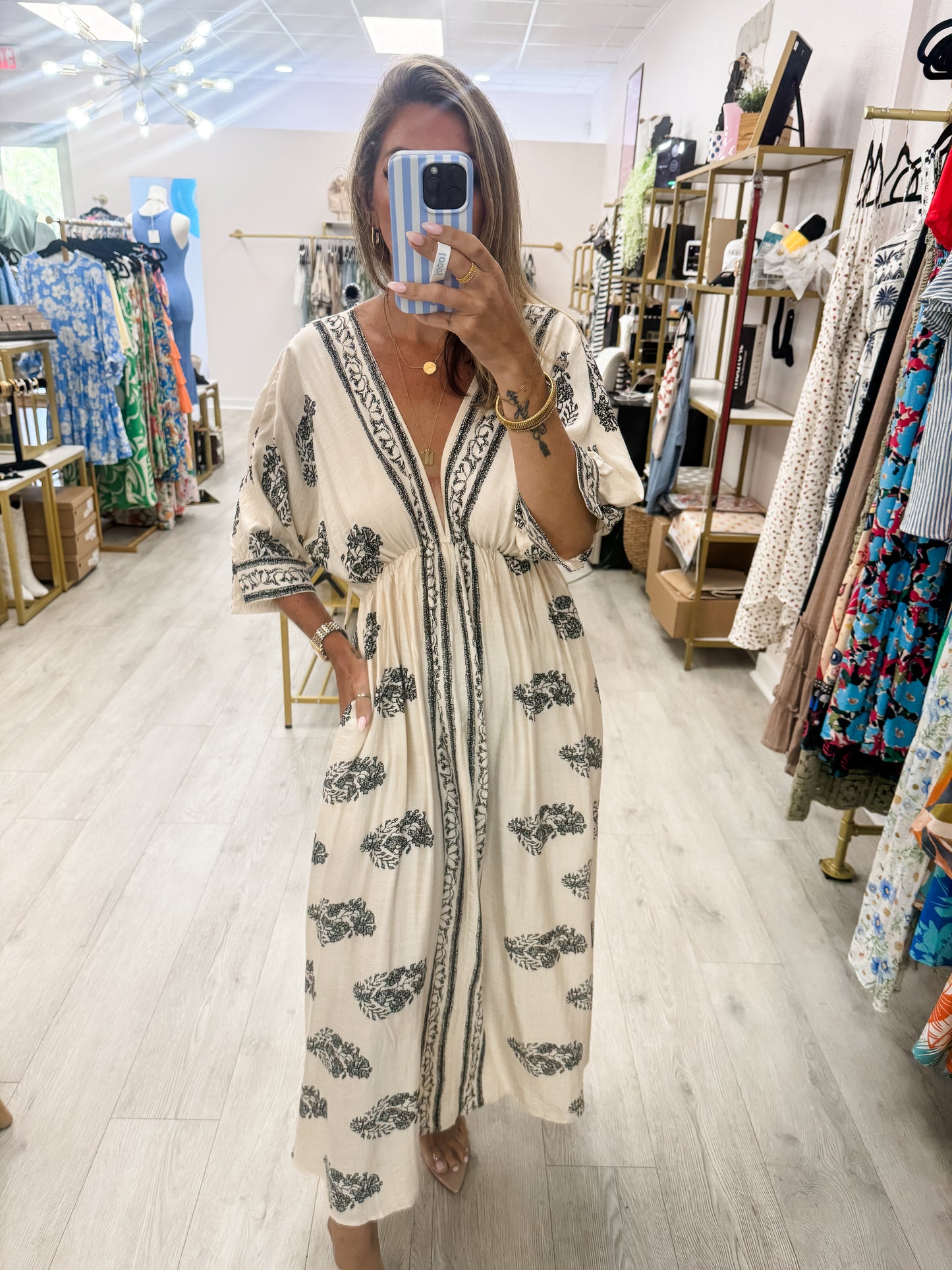 Neutral Border Printed Midi Dress