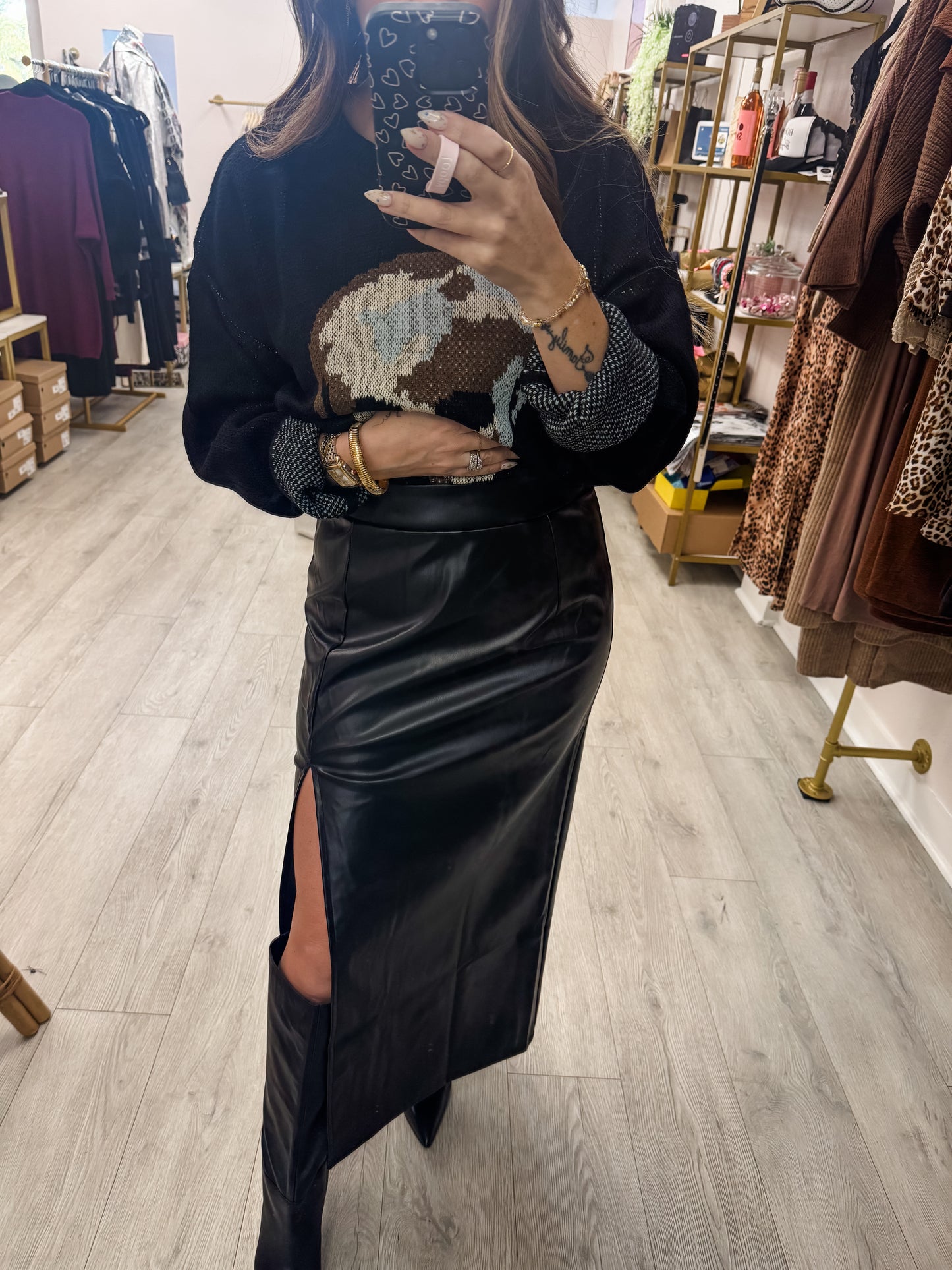Black Leather Slit Skirt