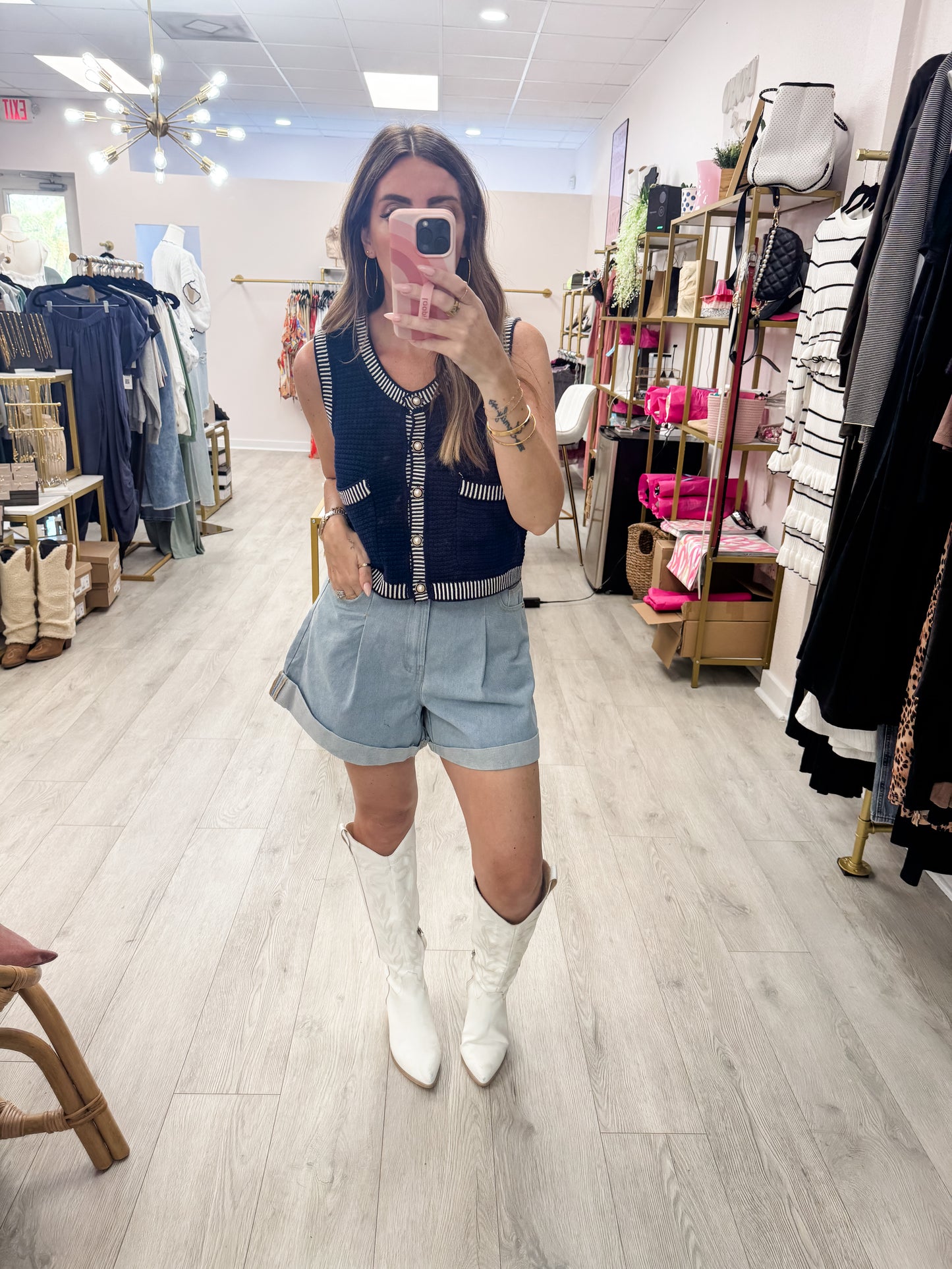 Light Blue Pleated Denim Shorts