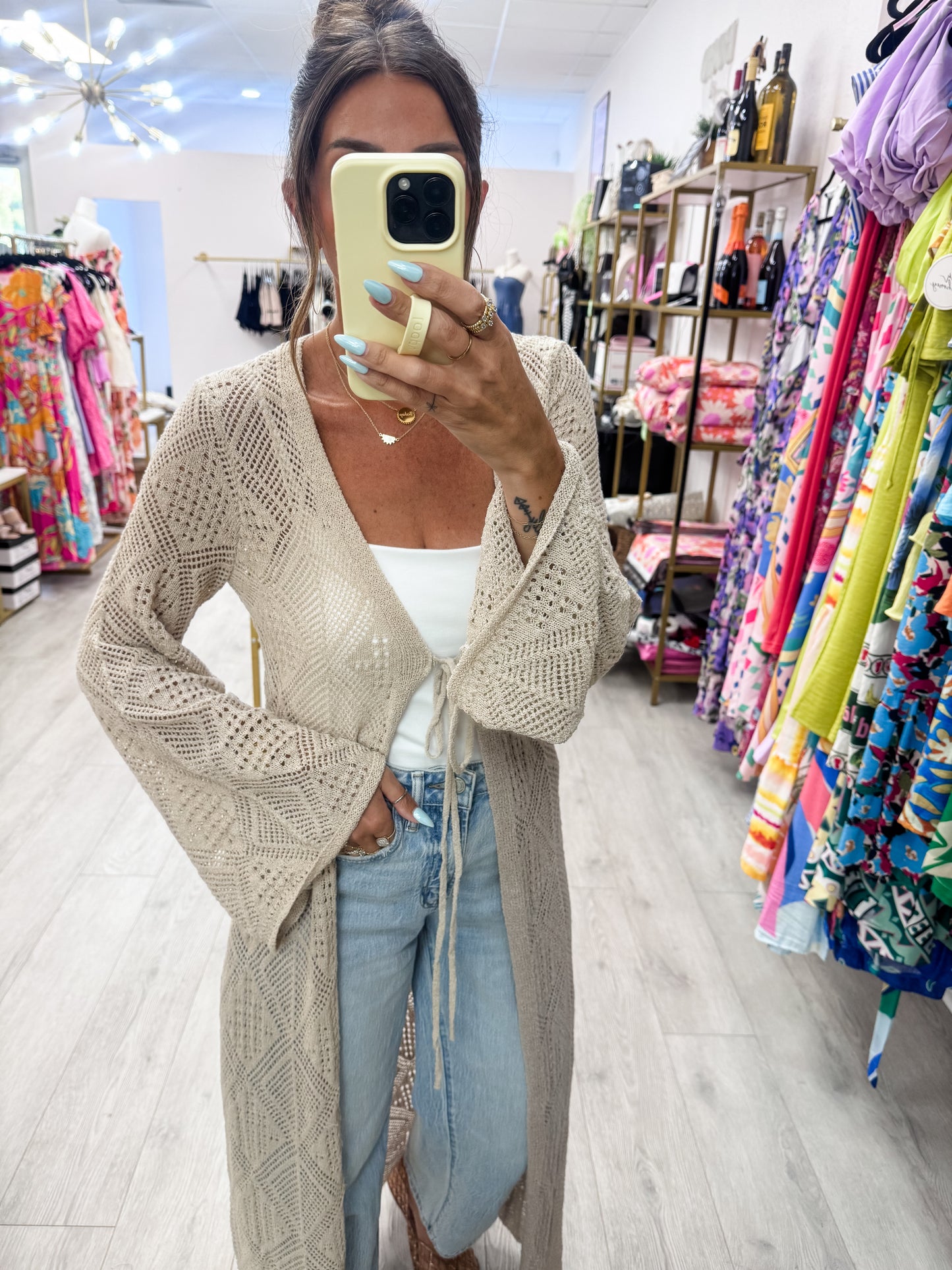 Oatmeal Pointelle Crochet Knit Cardigan