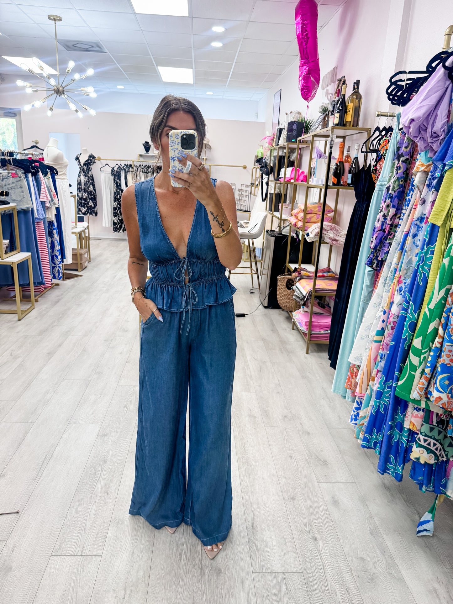 Chambray Tie Top & Pants SET