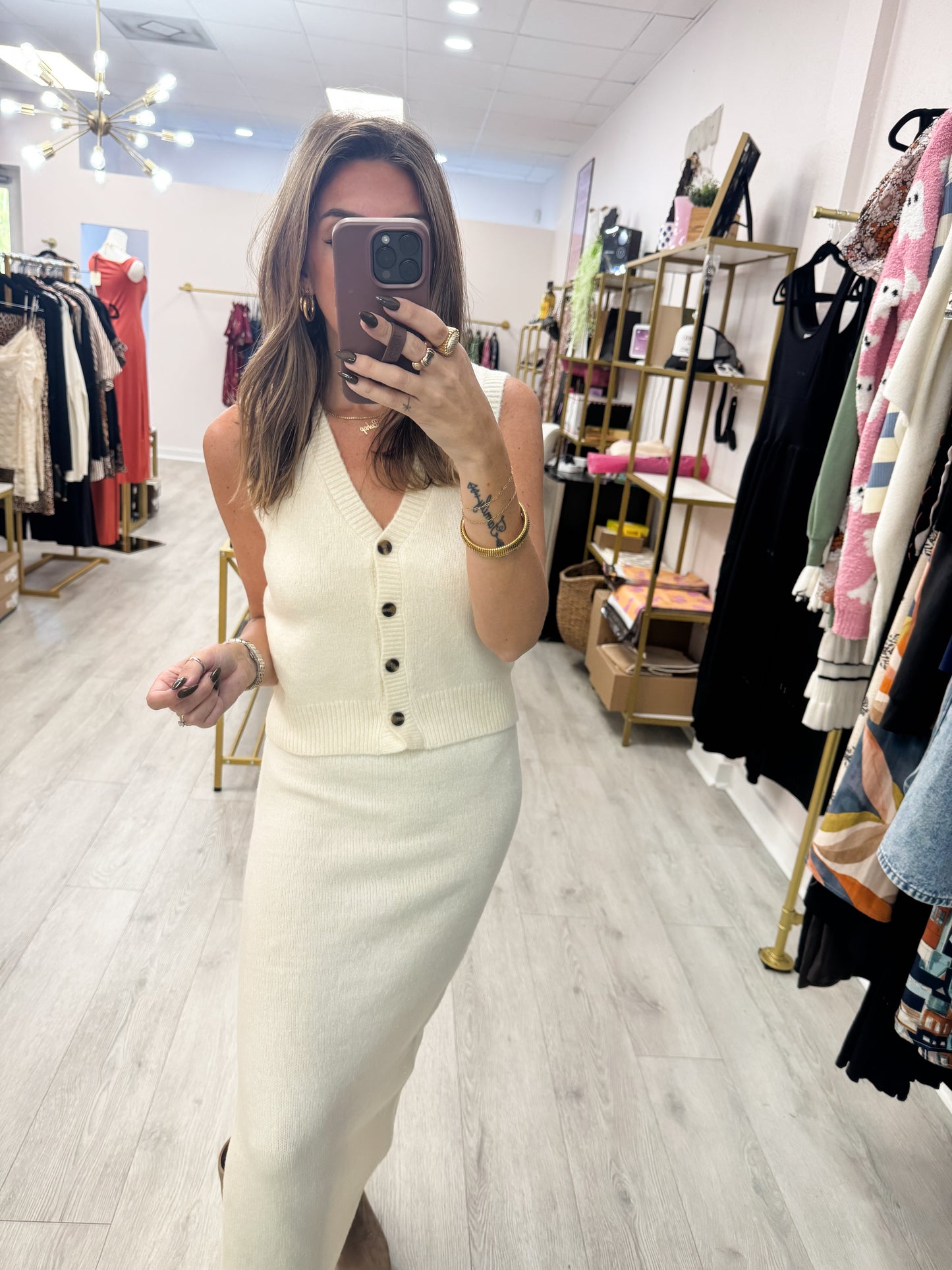 Cream Button Vest & Skirt Set