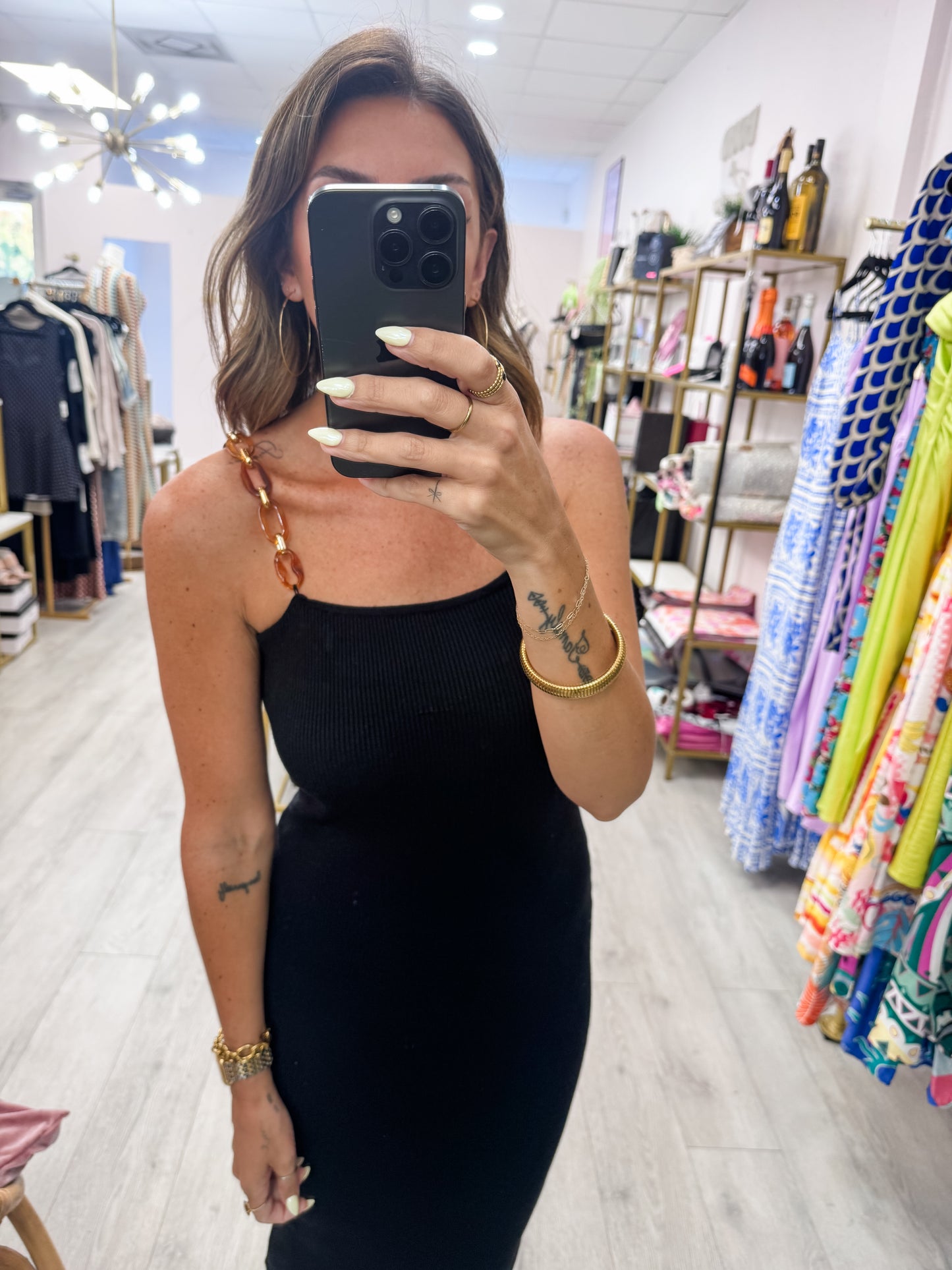 Black Tortoise Shell Chain Strap Bodycon Dress