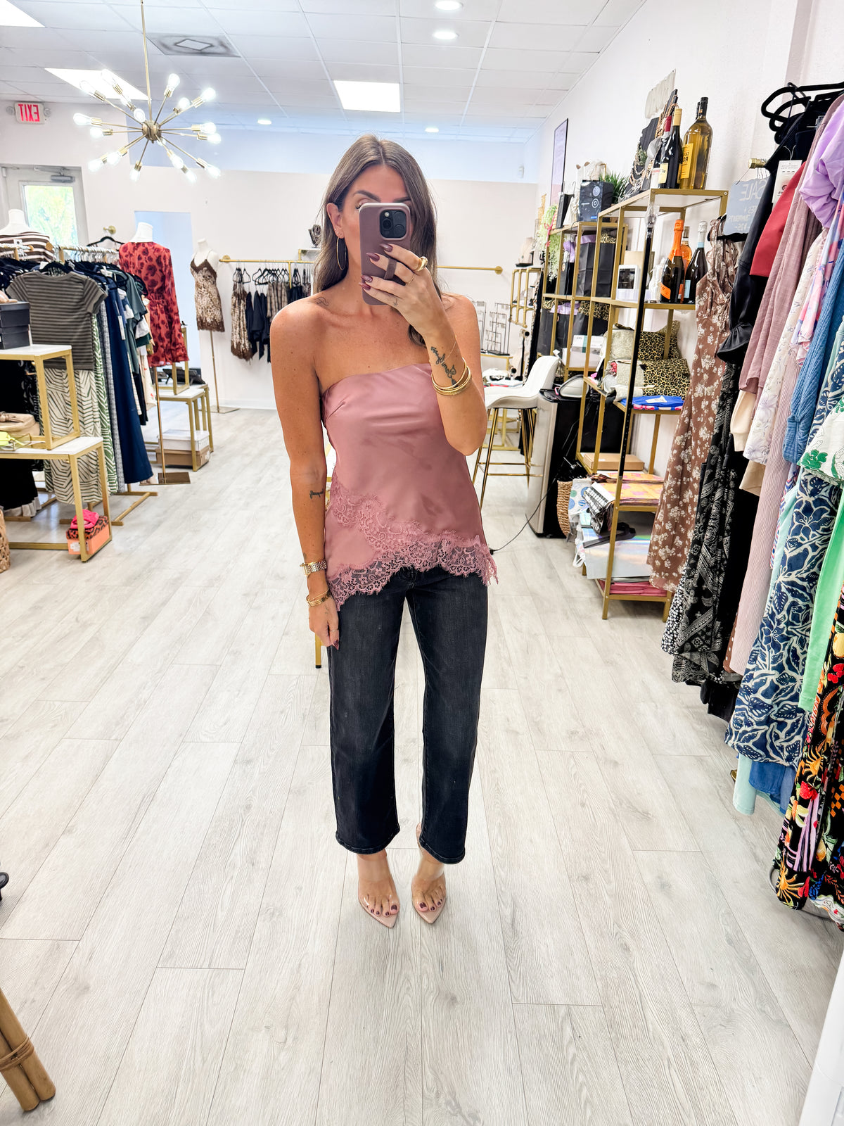 Rose Dawn Satin Asymmetrical Lace Hem Tube Top