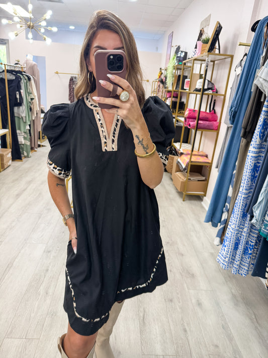 Leopard Trim Puff Sleeve Dress