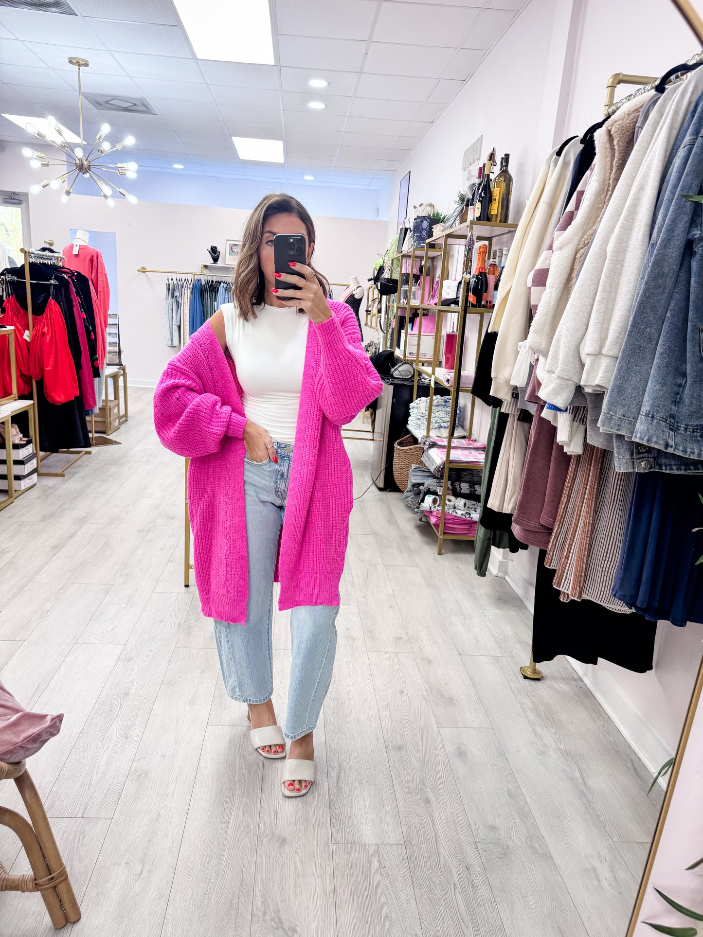 Hot Pink Open Long Line Knit Cardigan