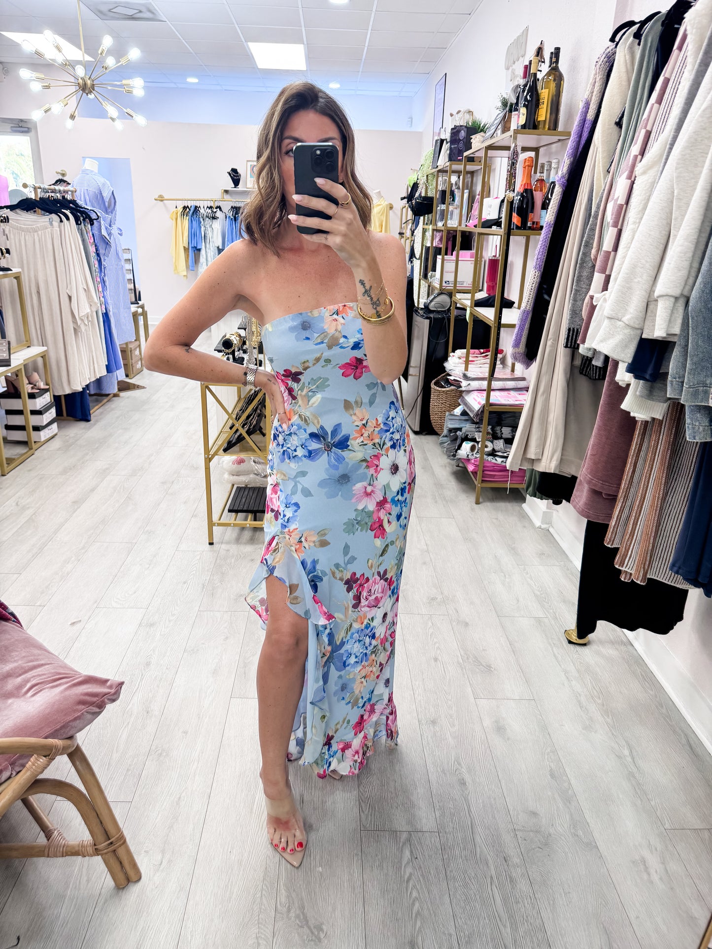 Garden Promenade Strapless Ruffled Slit Maxi Dress