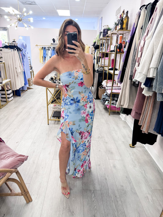 Garden Promenade Strapless Ruffled Slit Maxi Dress