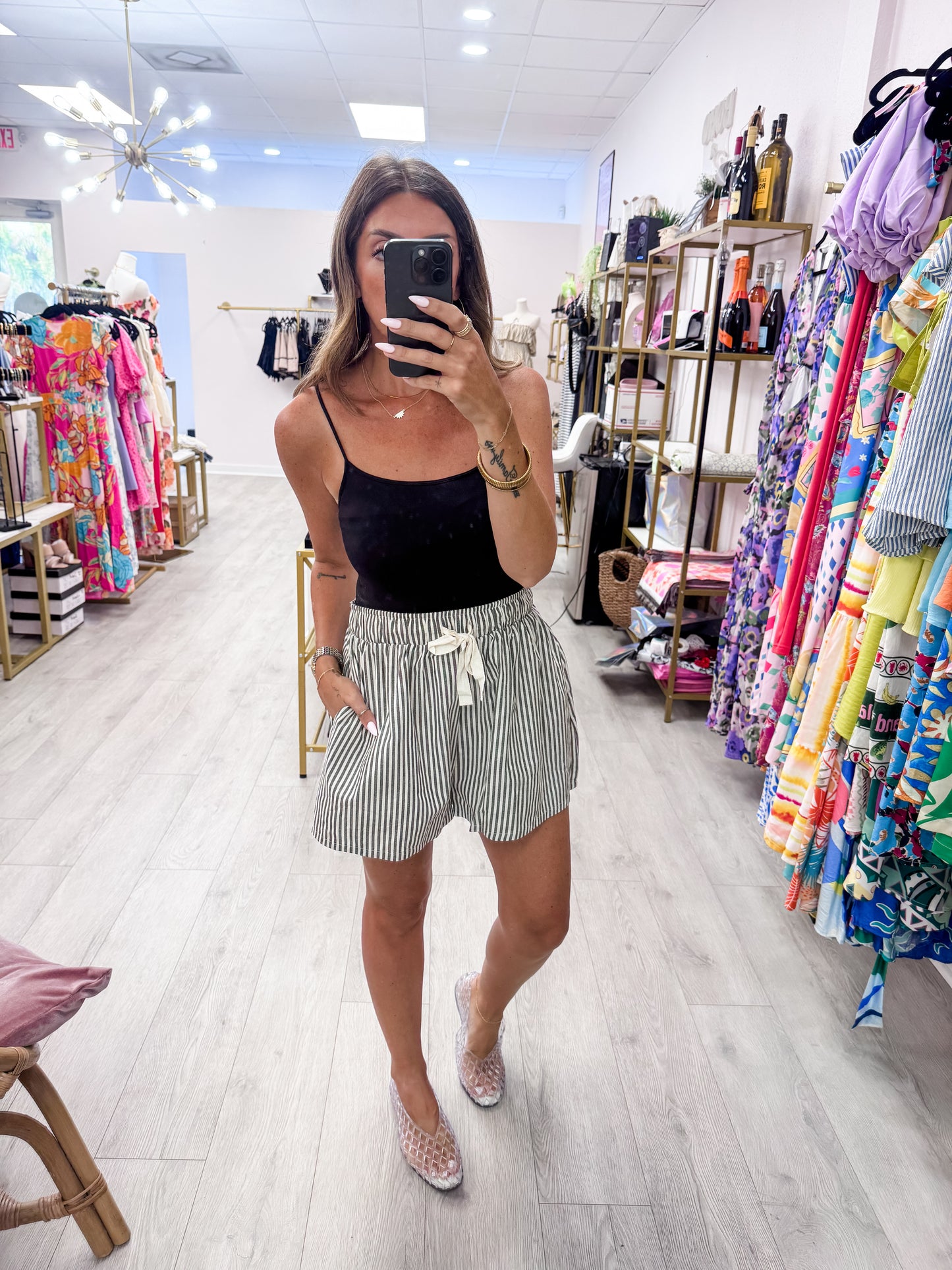 Black Striped Elastic Waist Shorts