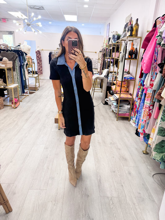Black & Denim Contrast Ribbed Dress