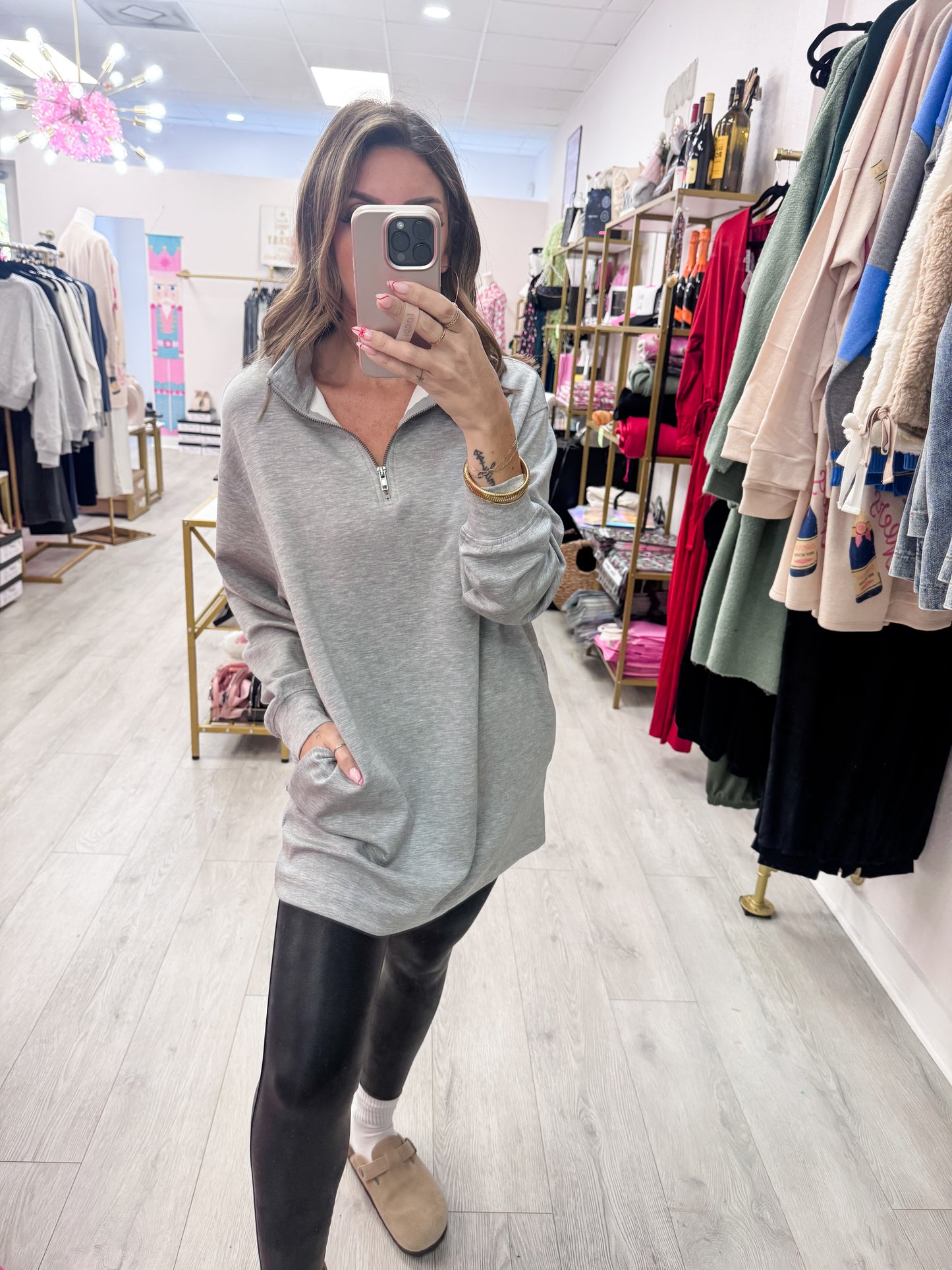 Heather Gray Double Knit Half Zip Up Long Sleeve Pull Over