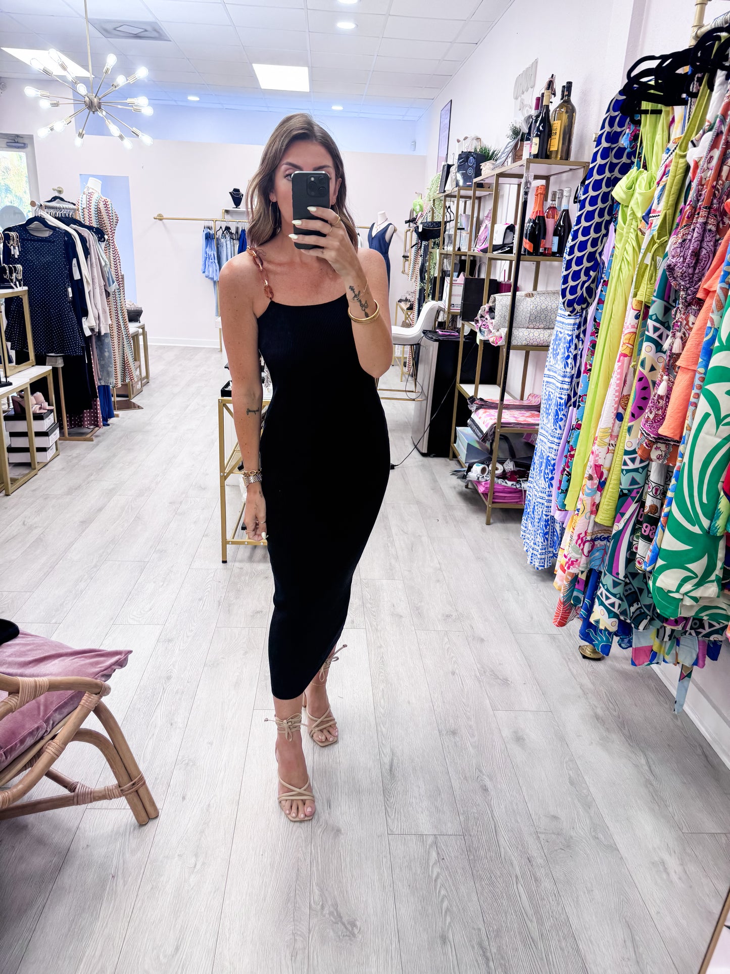 Black Tortoise Shell Chain Strap Bodycon Dress