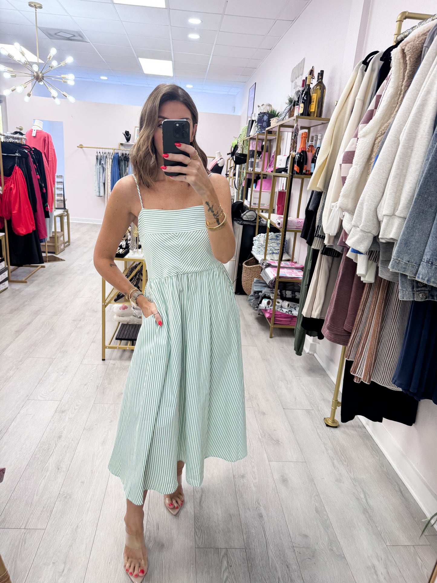 Sage Green Striped Spaghetti Strap Dress