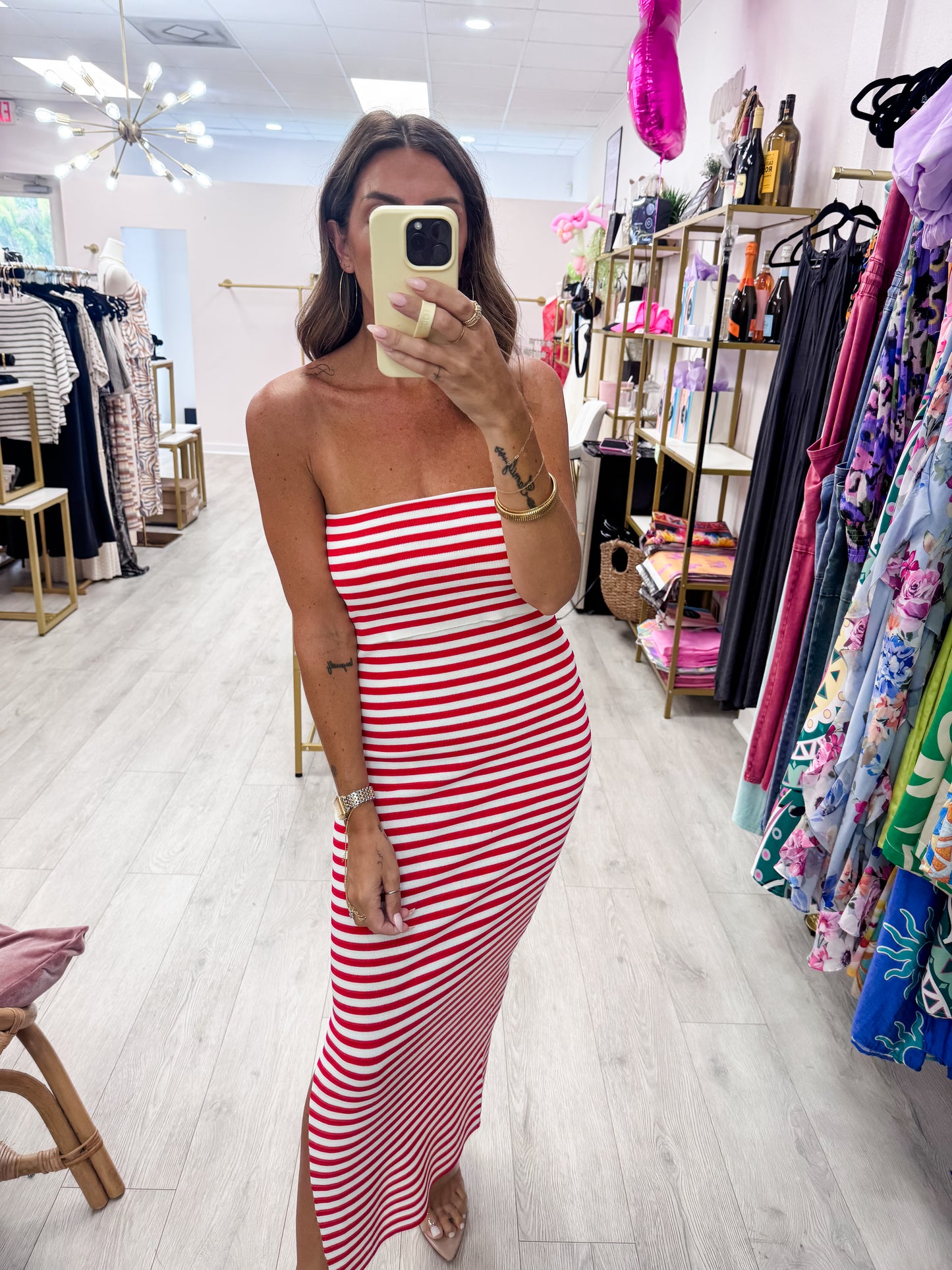 Red Strapless Striped Bodycon Midi Dress