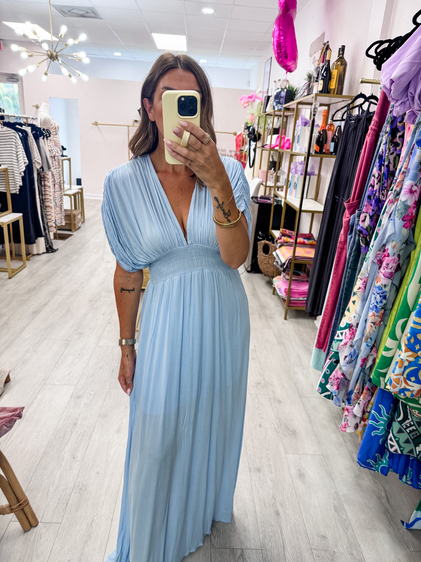 Blue Glow Smocked Waist Plunge Maxi Dress