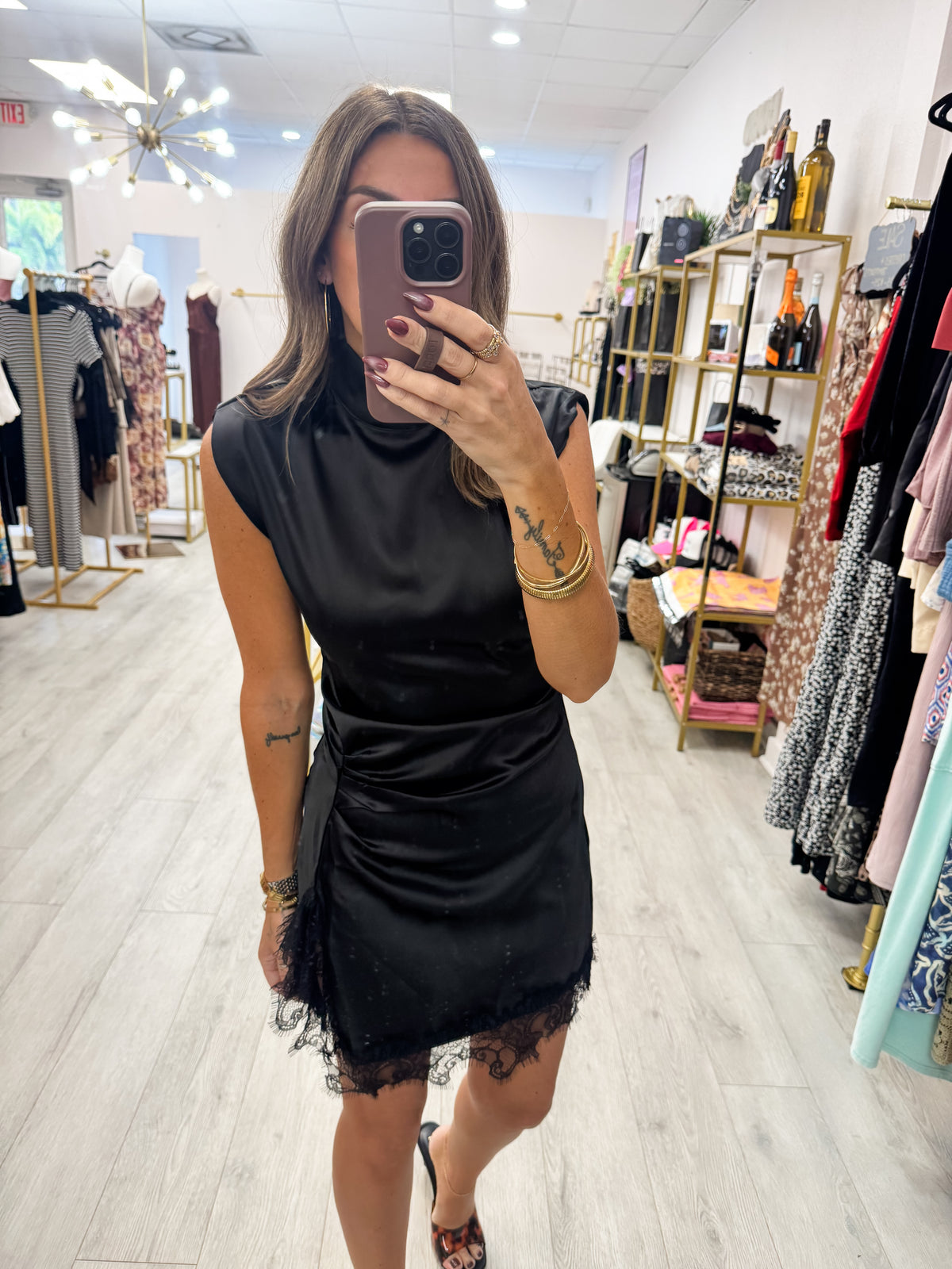 Black Lace Trim Ruched Waist Satin Mini Dress