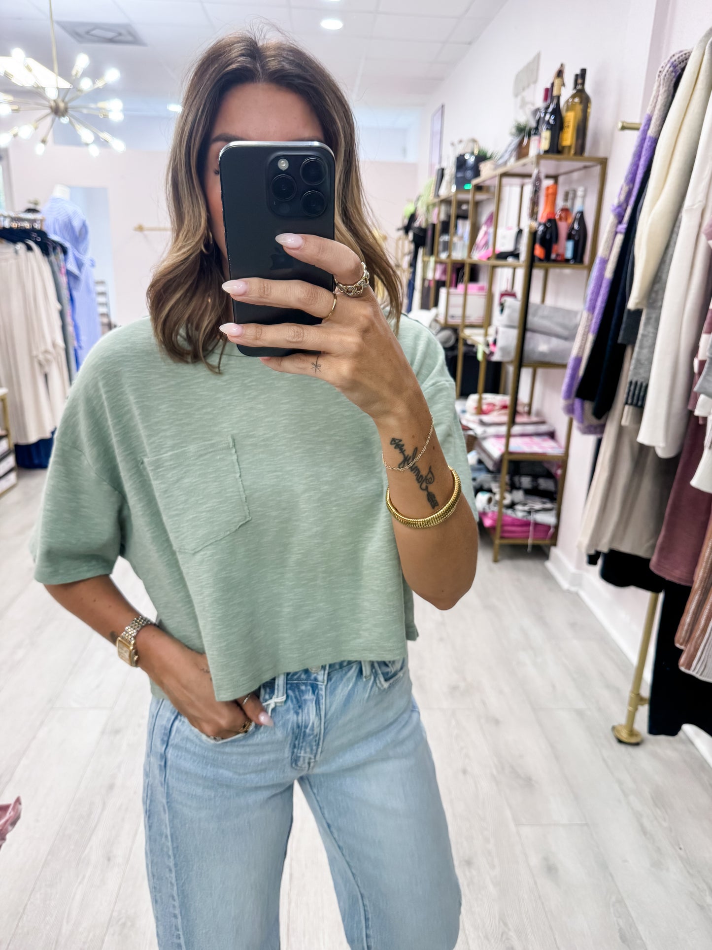 Sage Green Boxy Crew Neck Top With Pocket