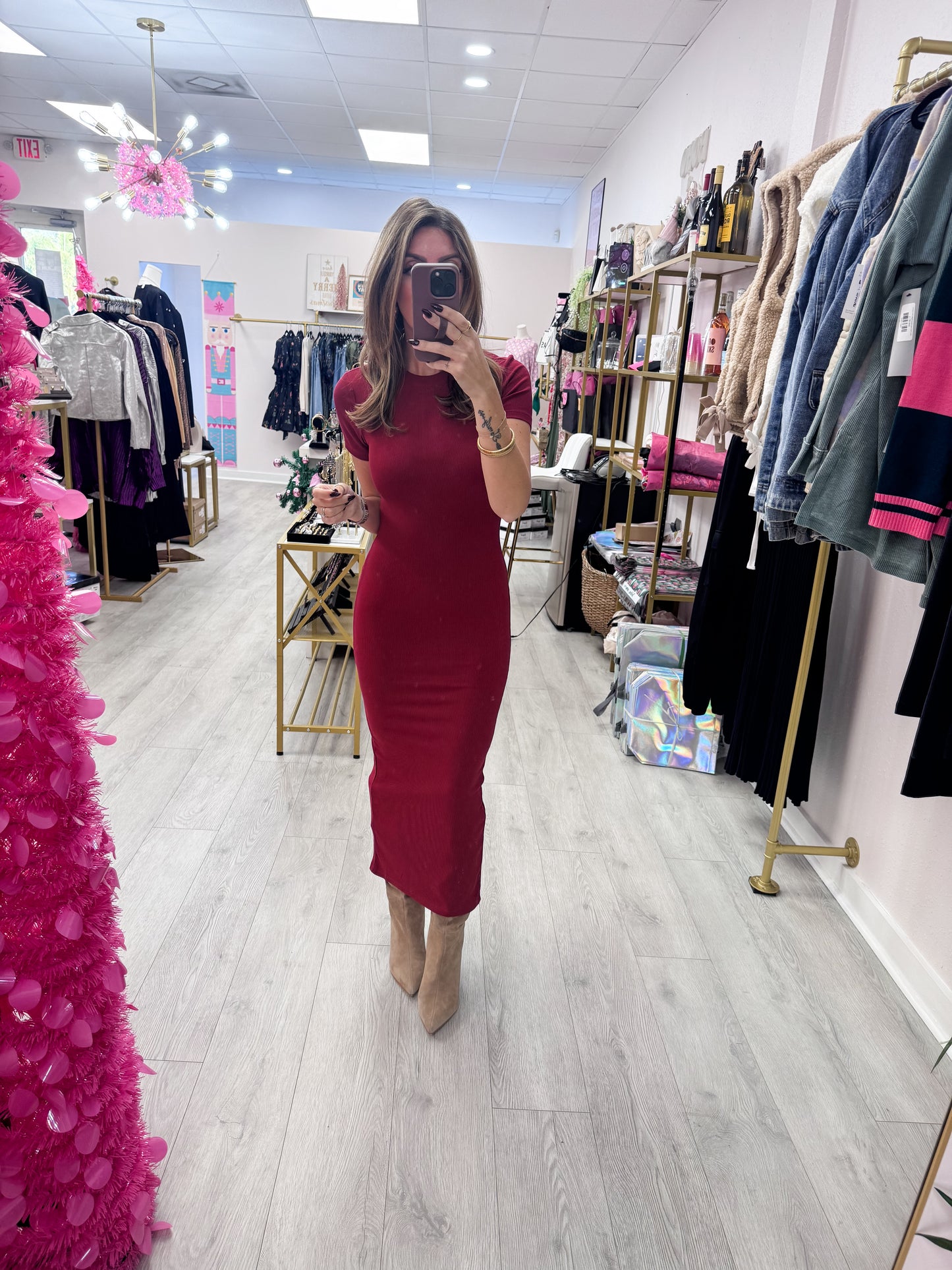 Wine Ribbed T-Shirt Dress