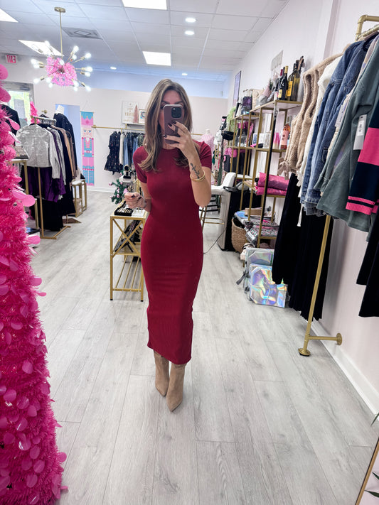 Wine Ribbed T-Shirt Dress