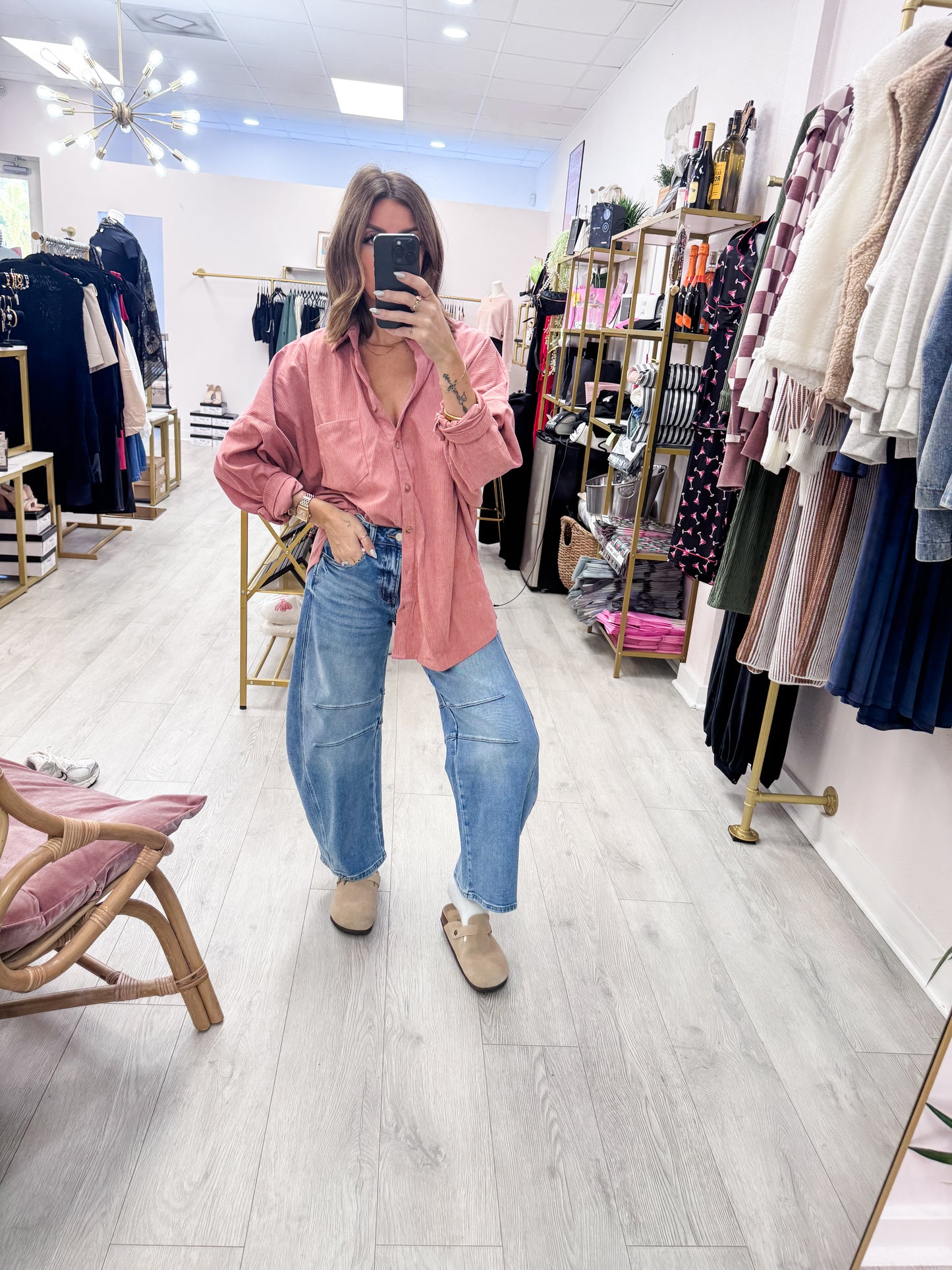 Mauve Casual Oversized Button Down Corduroy Shirt