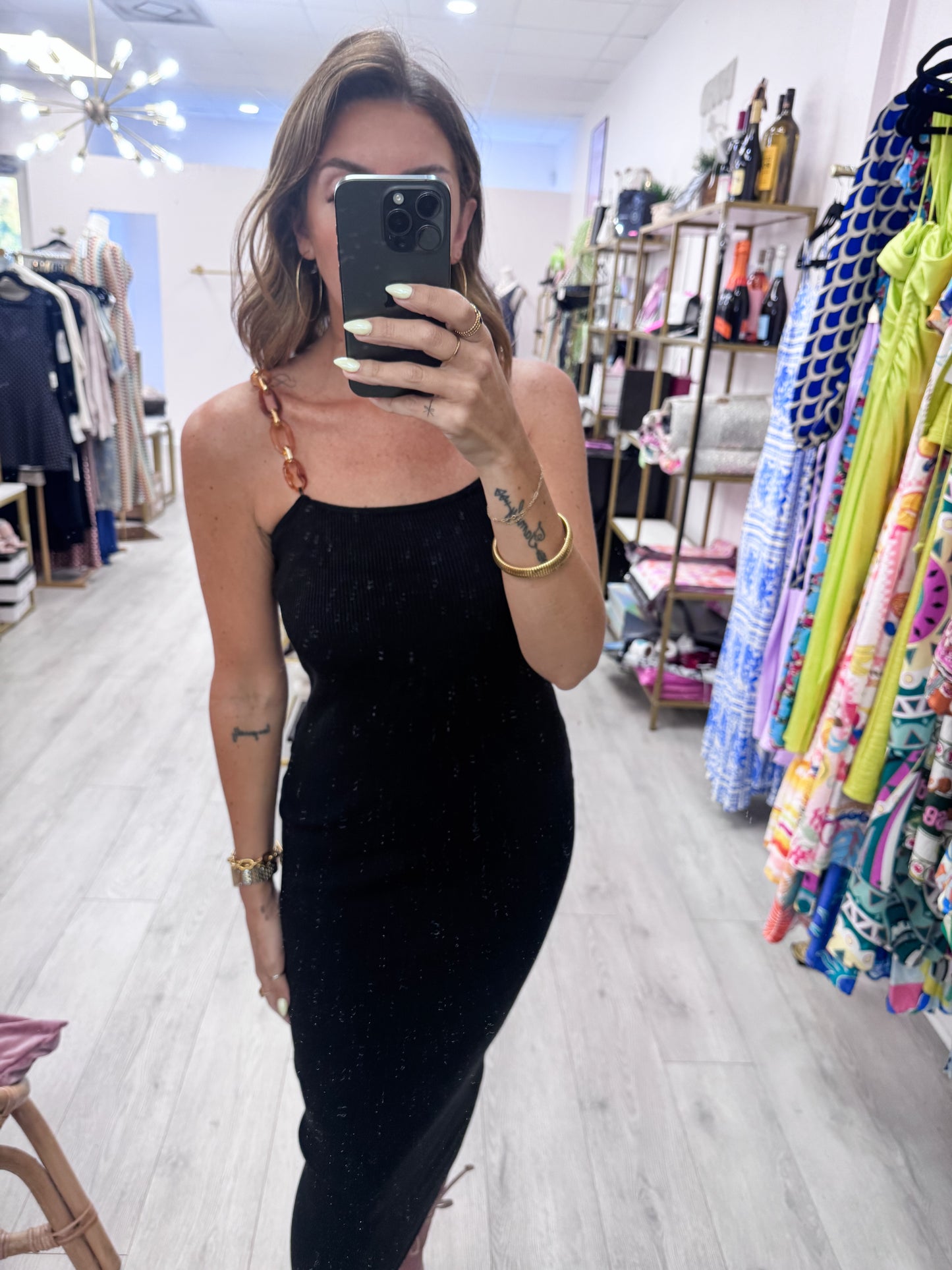 Black Tortoise Shell Chain Strap Bodycon Dress