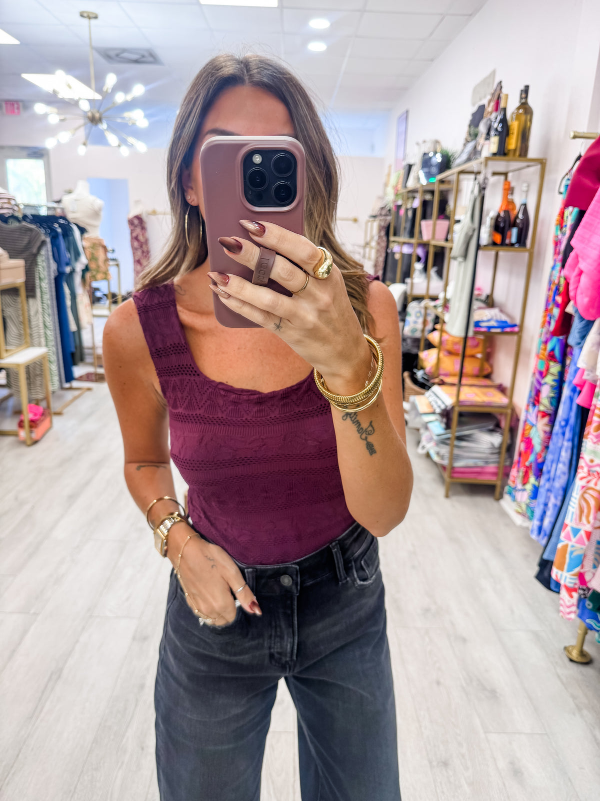 Raisin Lace Textured Square Tank Top