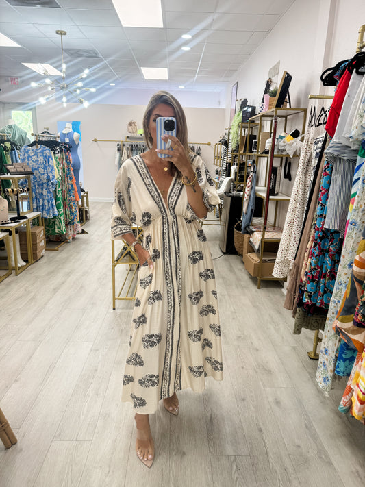 Neutral Border Printed Midi Dress