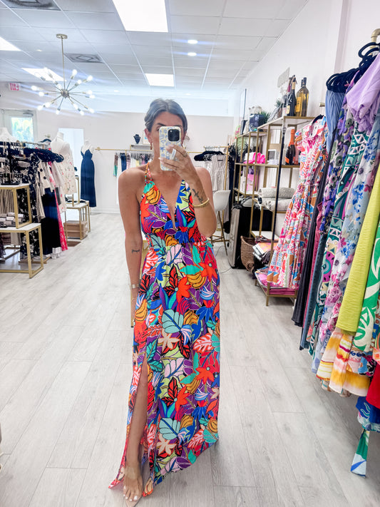 Jewel Tone Tropical Floral Smocked Maxi Dress