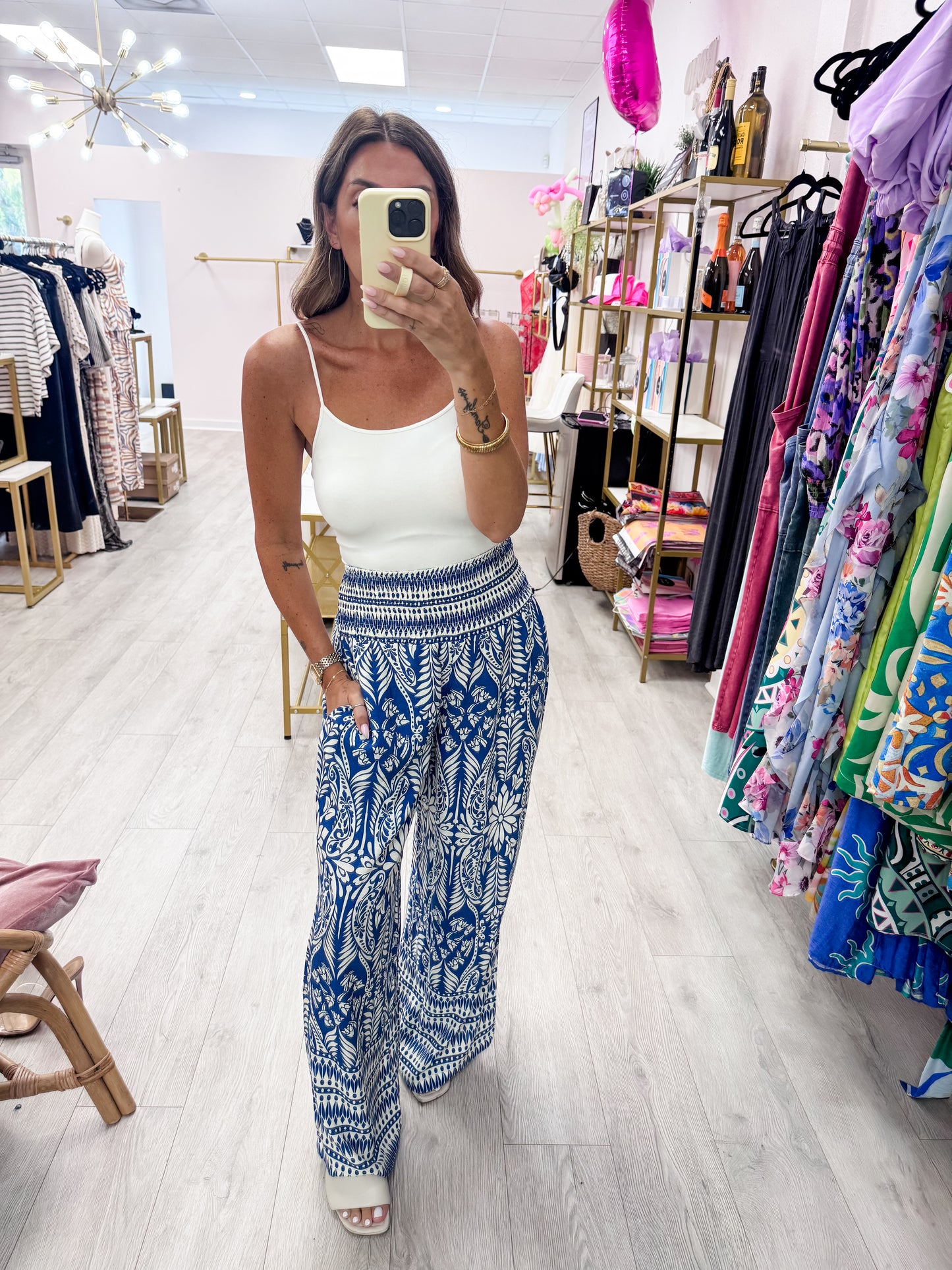 Blue Smocked Waist Floral Pants
