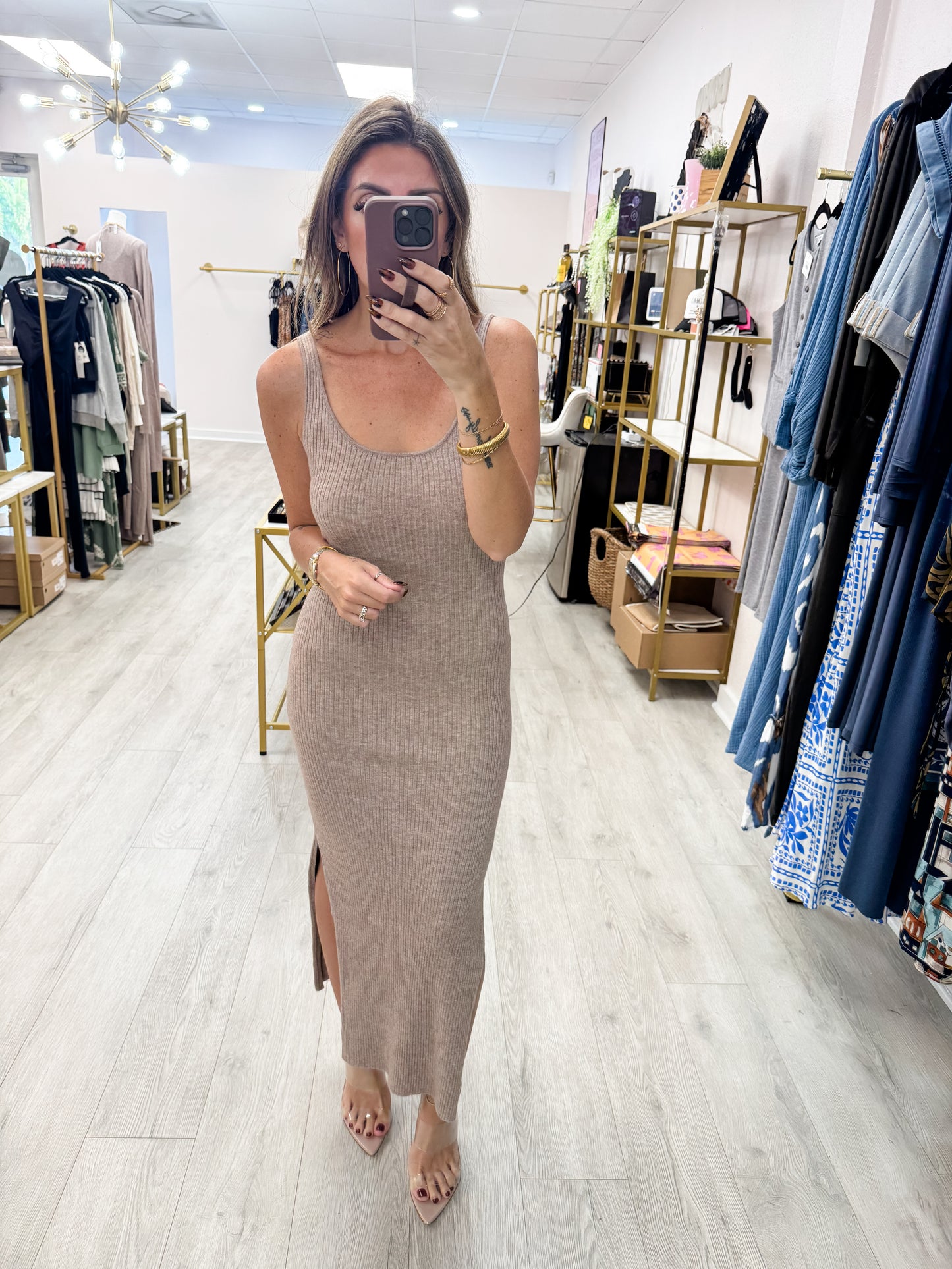 Taupe Ribbed Knit Dress & Cardigan SET