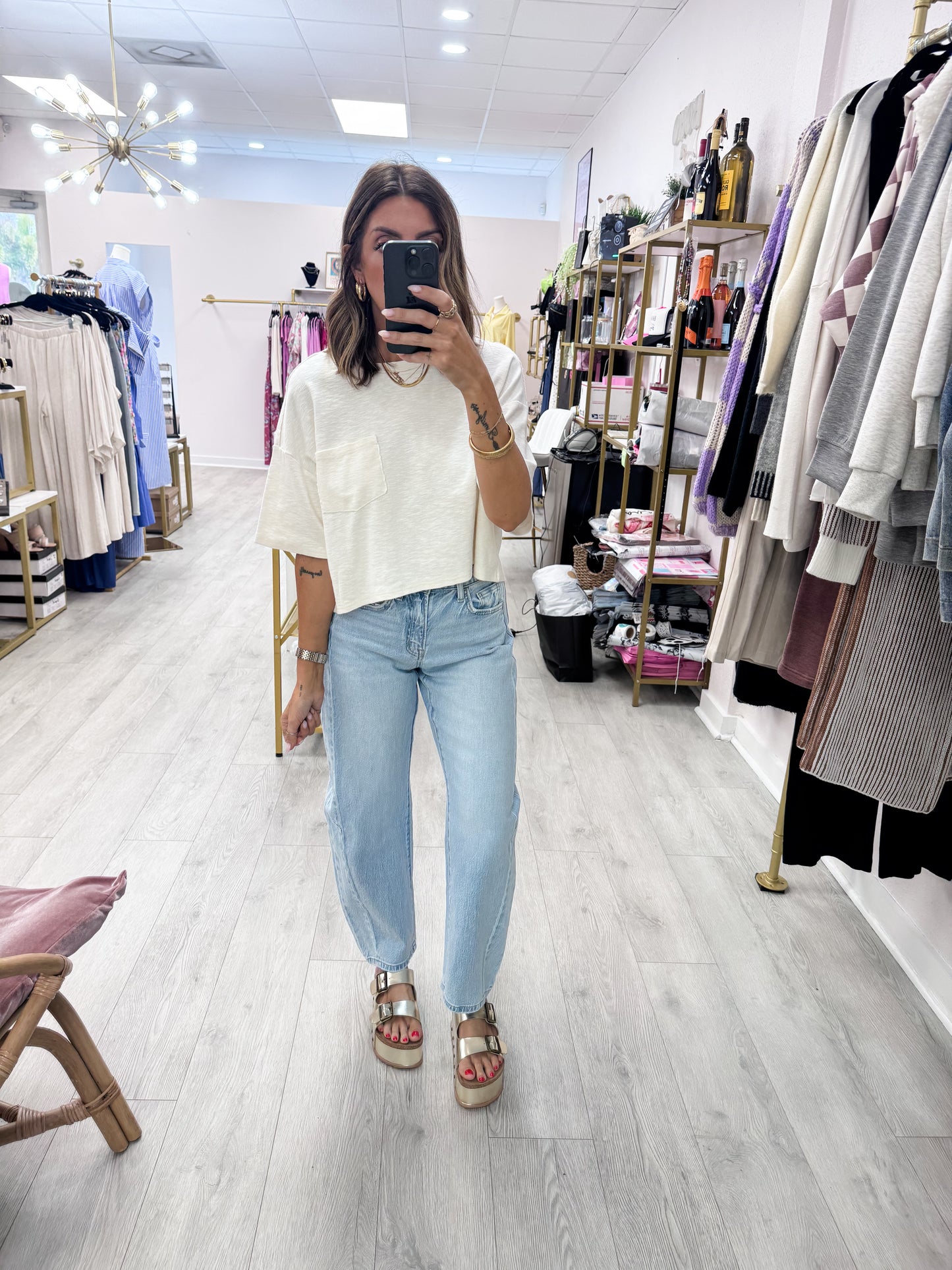 Cream Boxy Crew Neck Top With Pocket