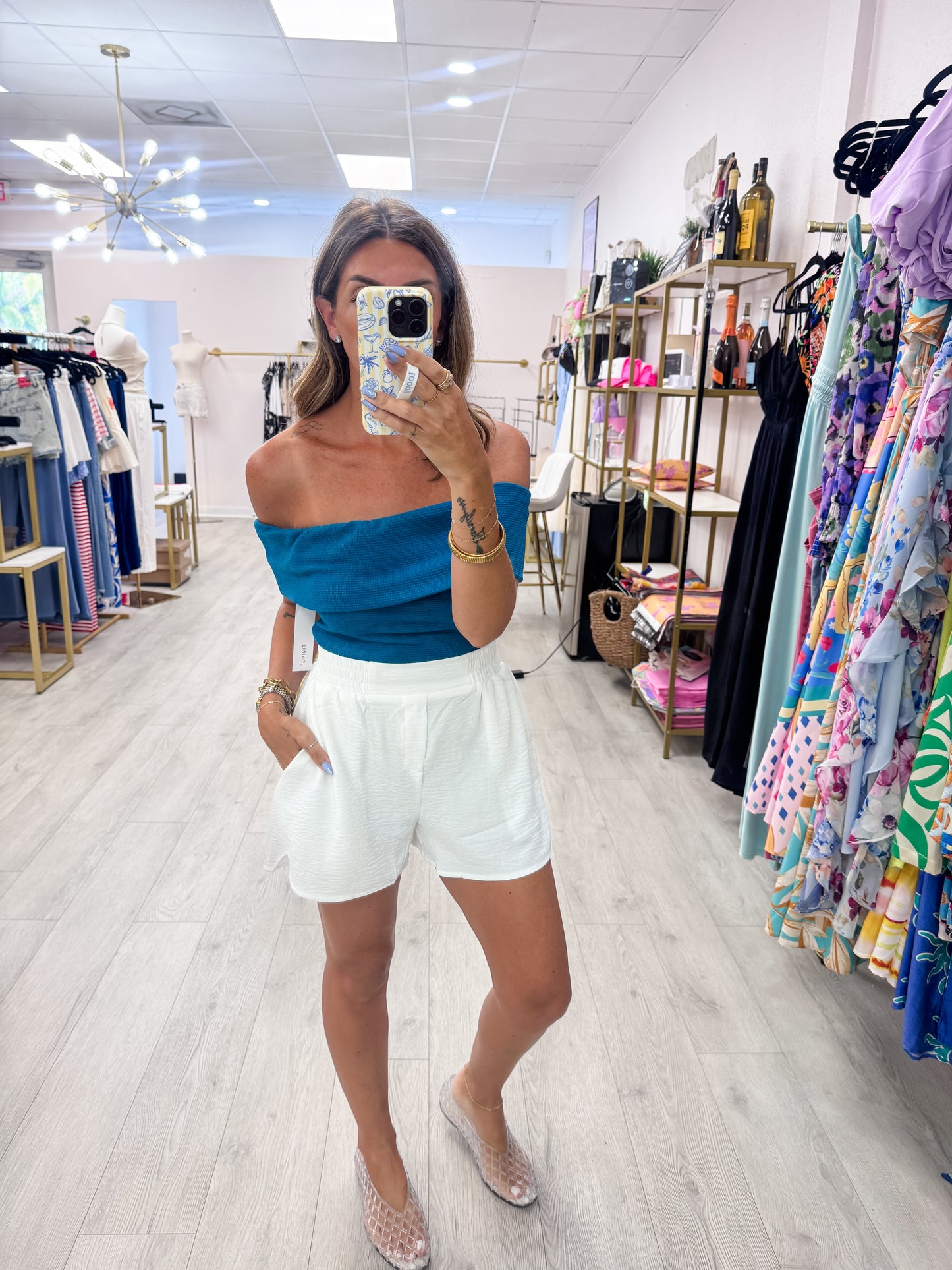 Teal Off Shoulder Foldover Knit Crop Top
