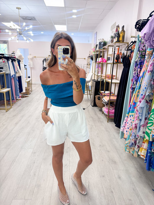Teal Off Shoulder Foldover Knit Crop Top