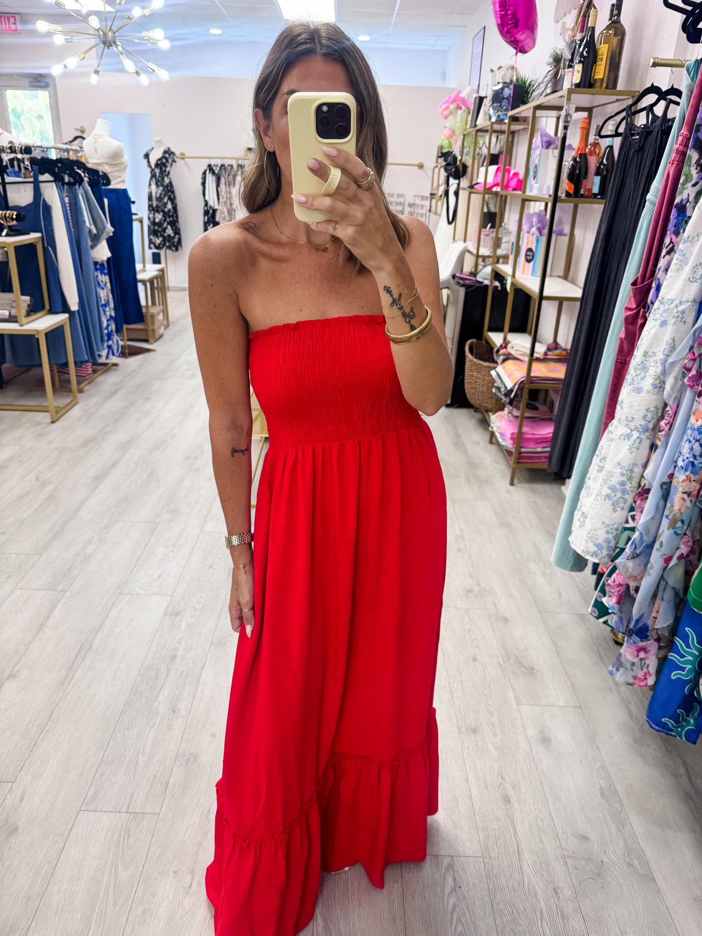 Red Strapless Boho Maxi Dress