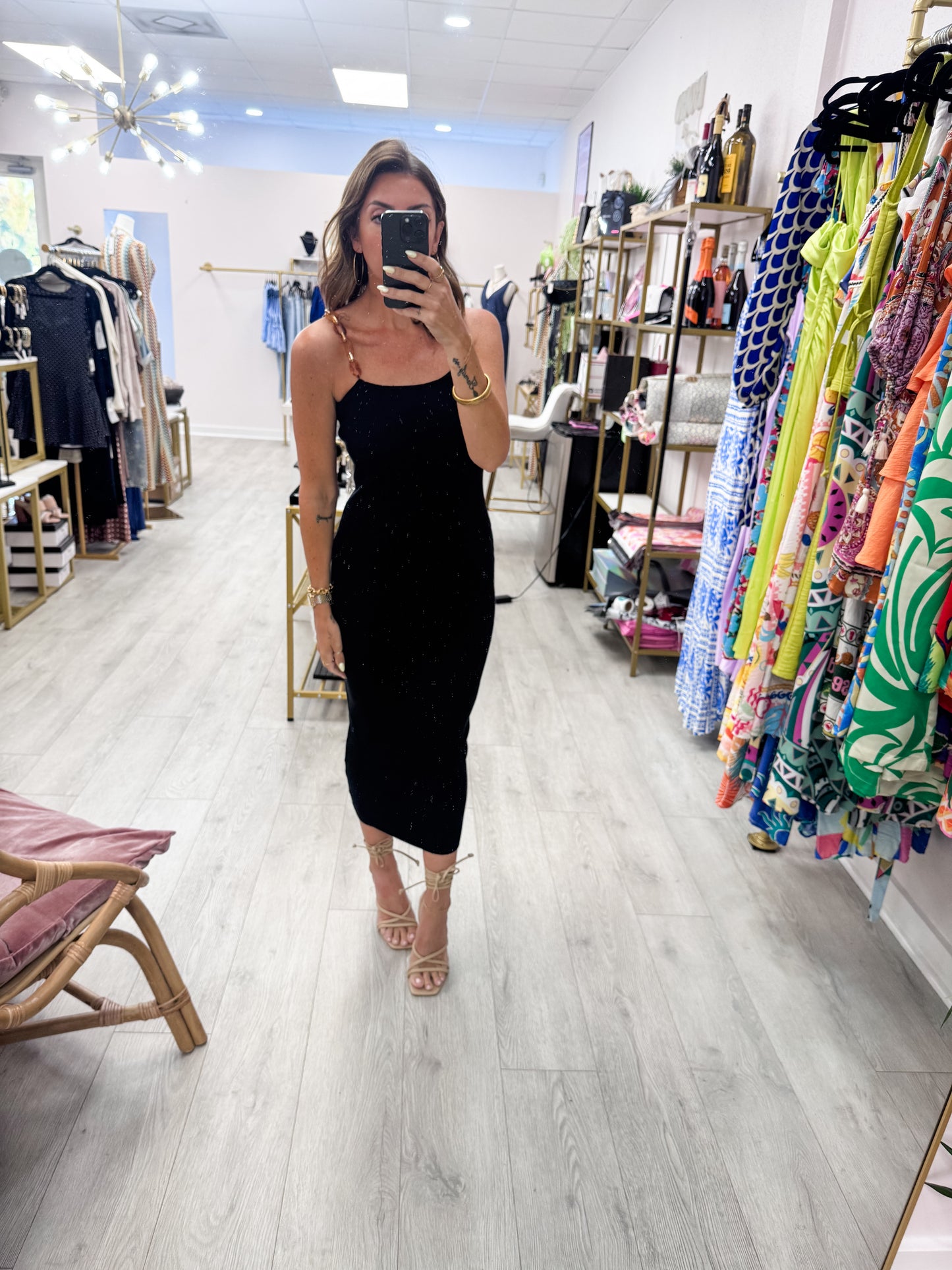 Black Tortoise Shell Chain Strap Bodycon Dress