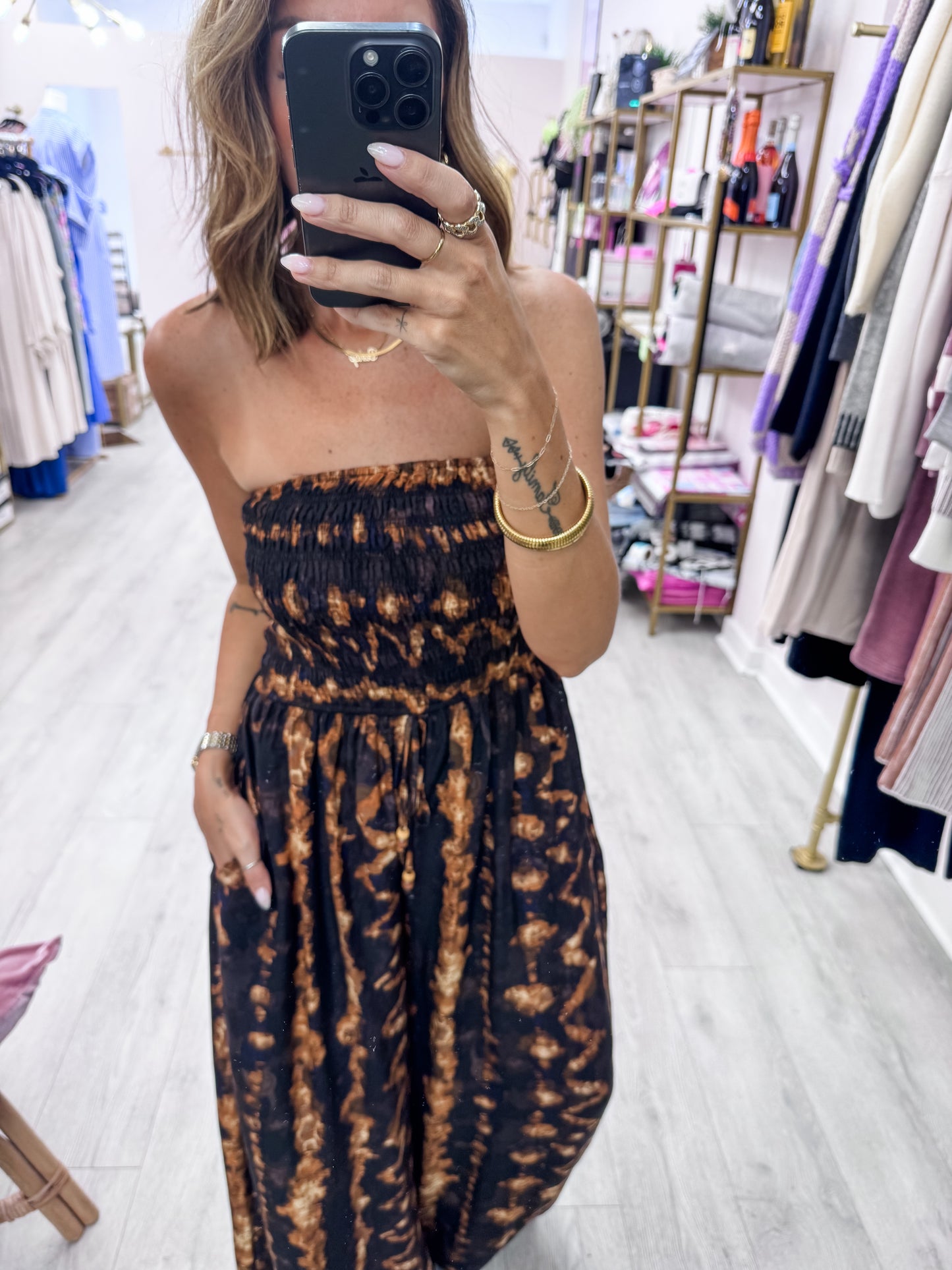 Java Tie Dye Print  Smocked Top Wide Leg Jumpsuit