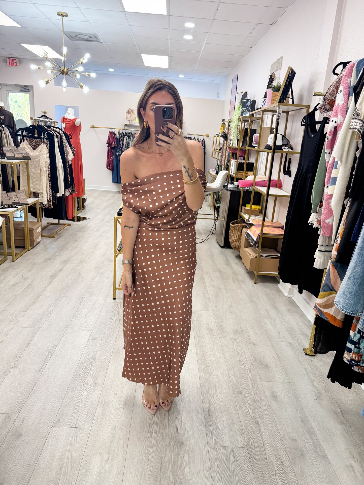 Satin Polka Dot Cowl Neck Maxi Dress