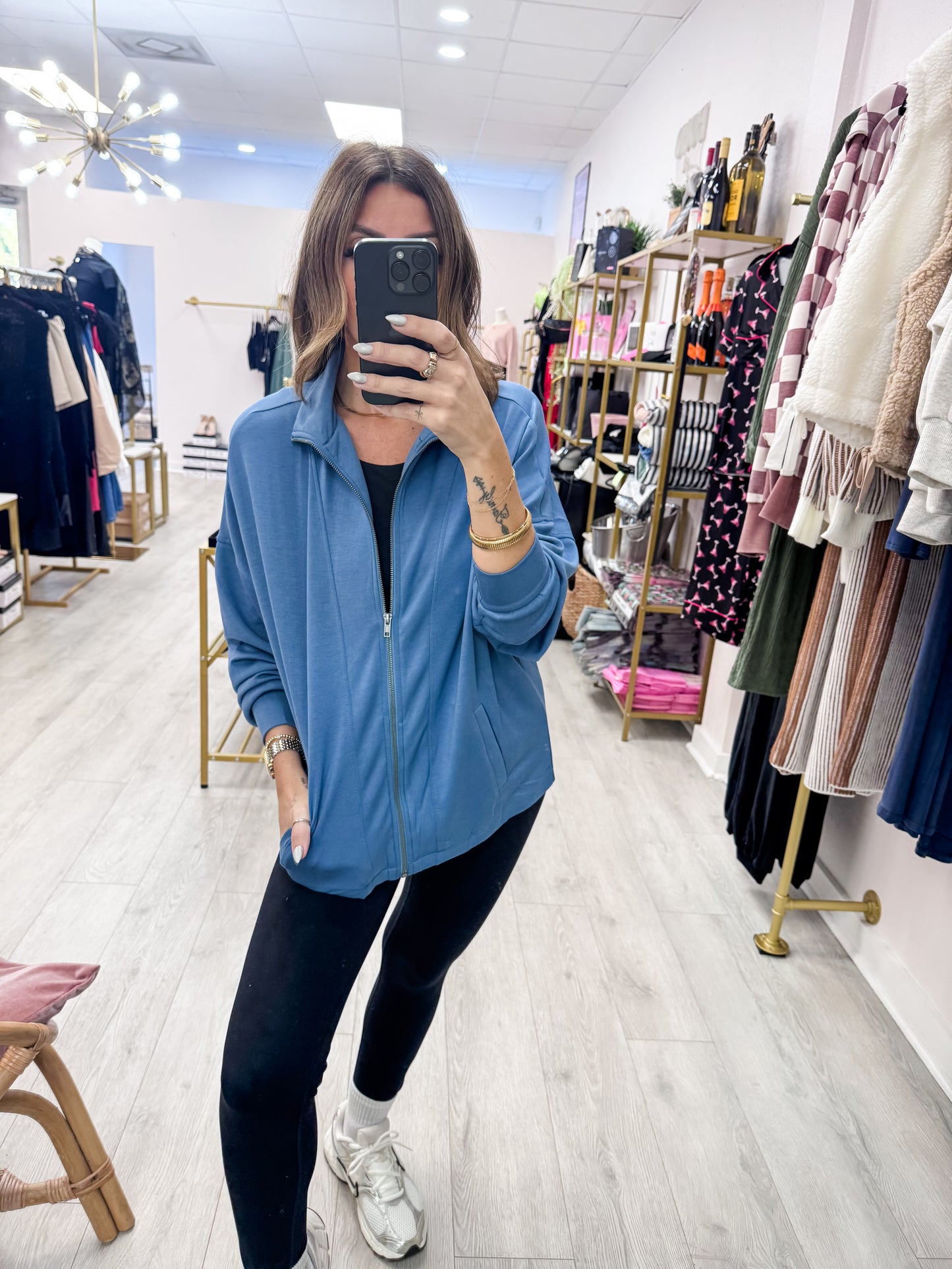 Gray Blue High Neck Zip-Up Jacket