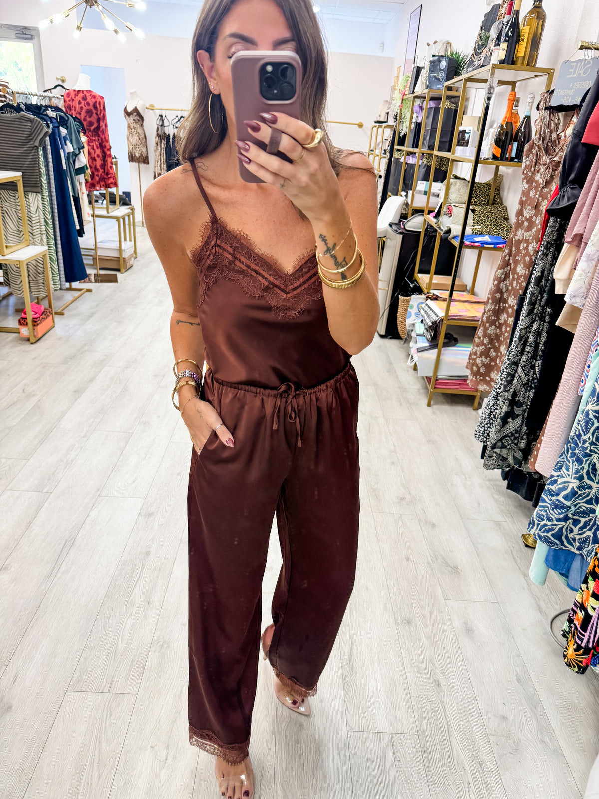 Brown Lace Trim Satin Spaghetti Strap Cami Top