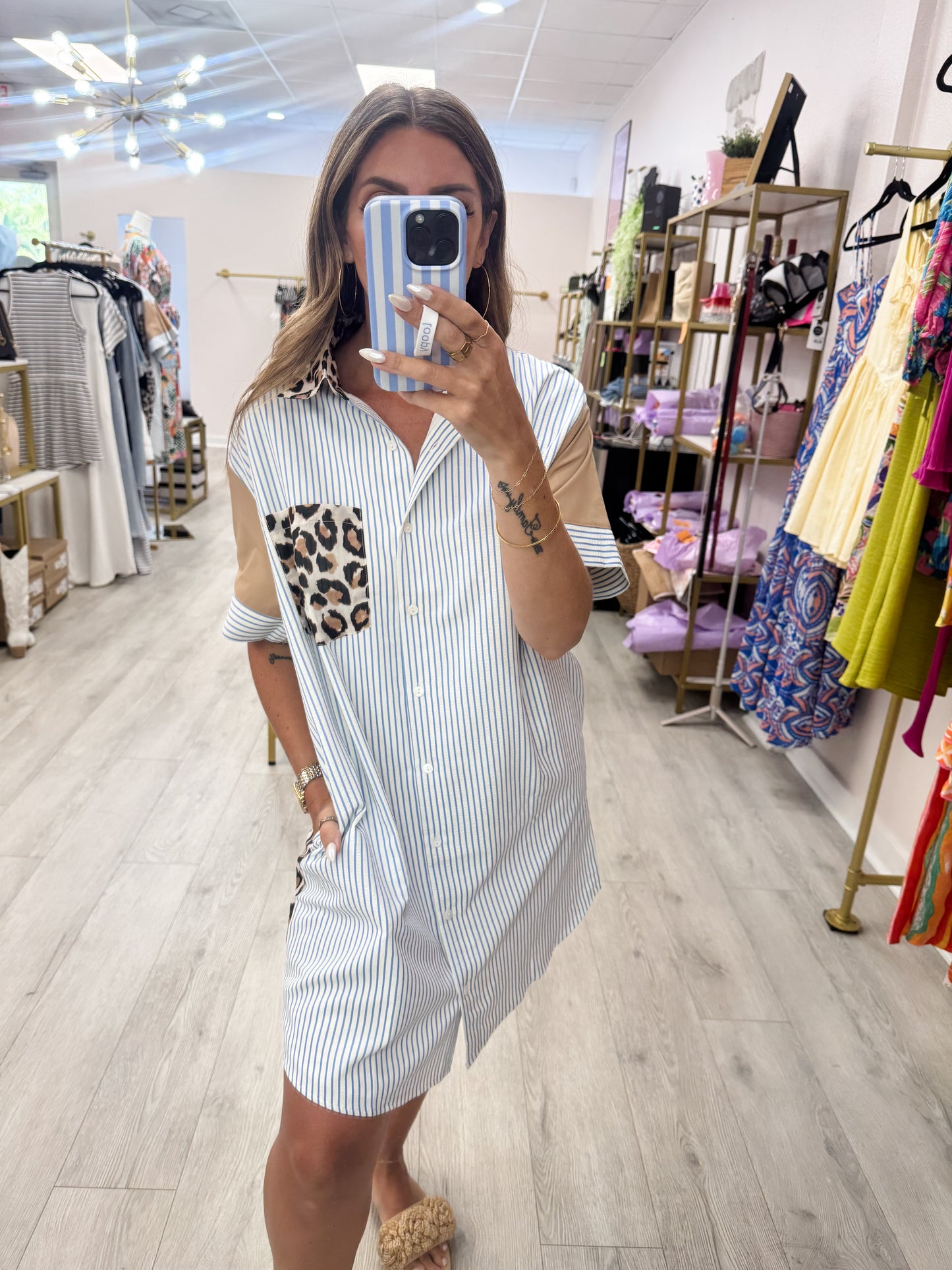 Blue Striped Leopard Accent Dress